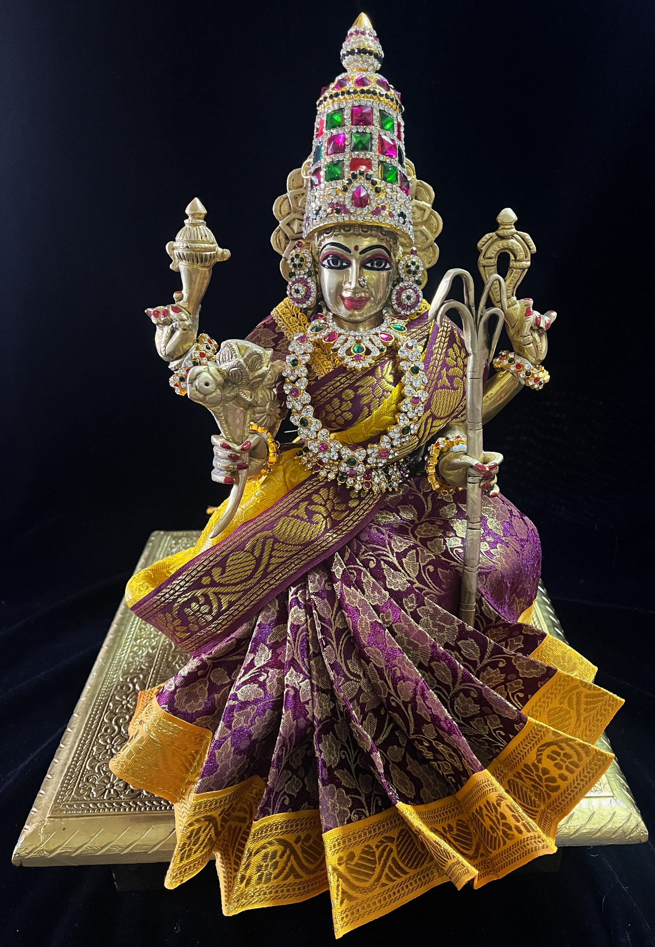 Devi, Durga, Kali, Radha Pre stiched Saree,  made of Brocade Silk (not pure silk) in Wine and Yellow Contrast - Wine Pre plated saree with Yellow Contrast 2