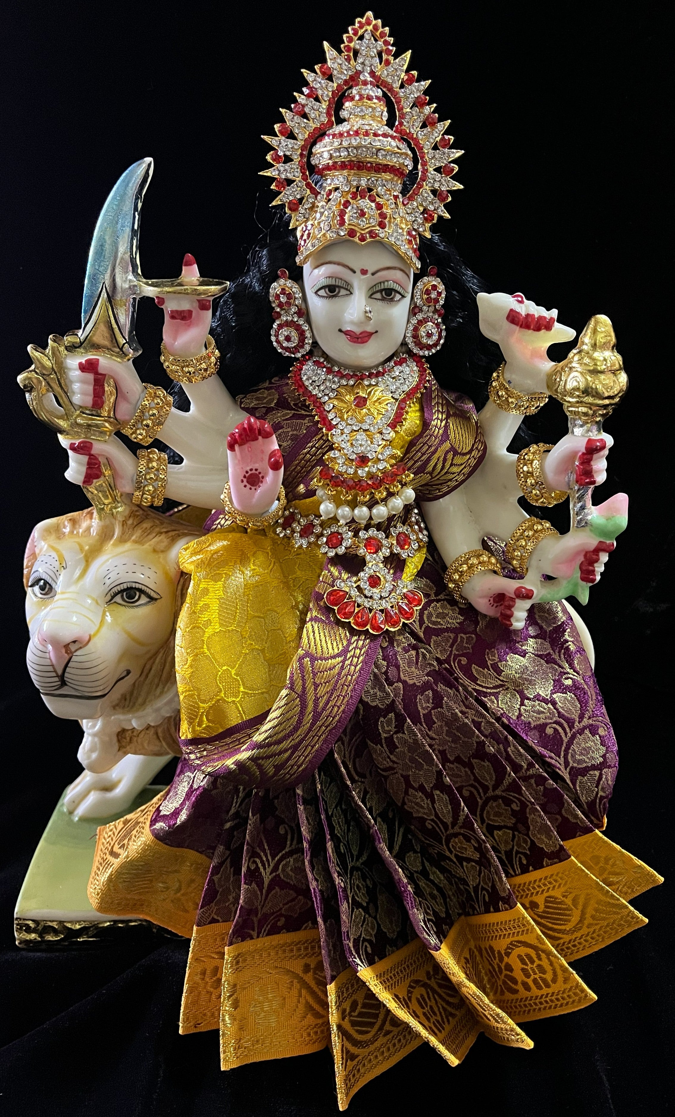 Devi, Durga, Kali, Radha Pre stiched Saree,  made of Brocade Silk (not pure silk) in Wine and Yellow Contrast - Wine Pre plated saree with Yellow Contrast 1