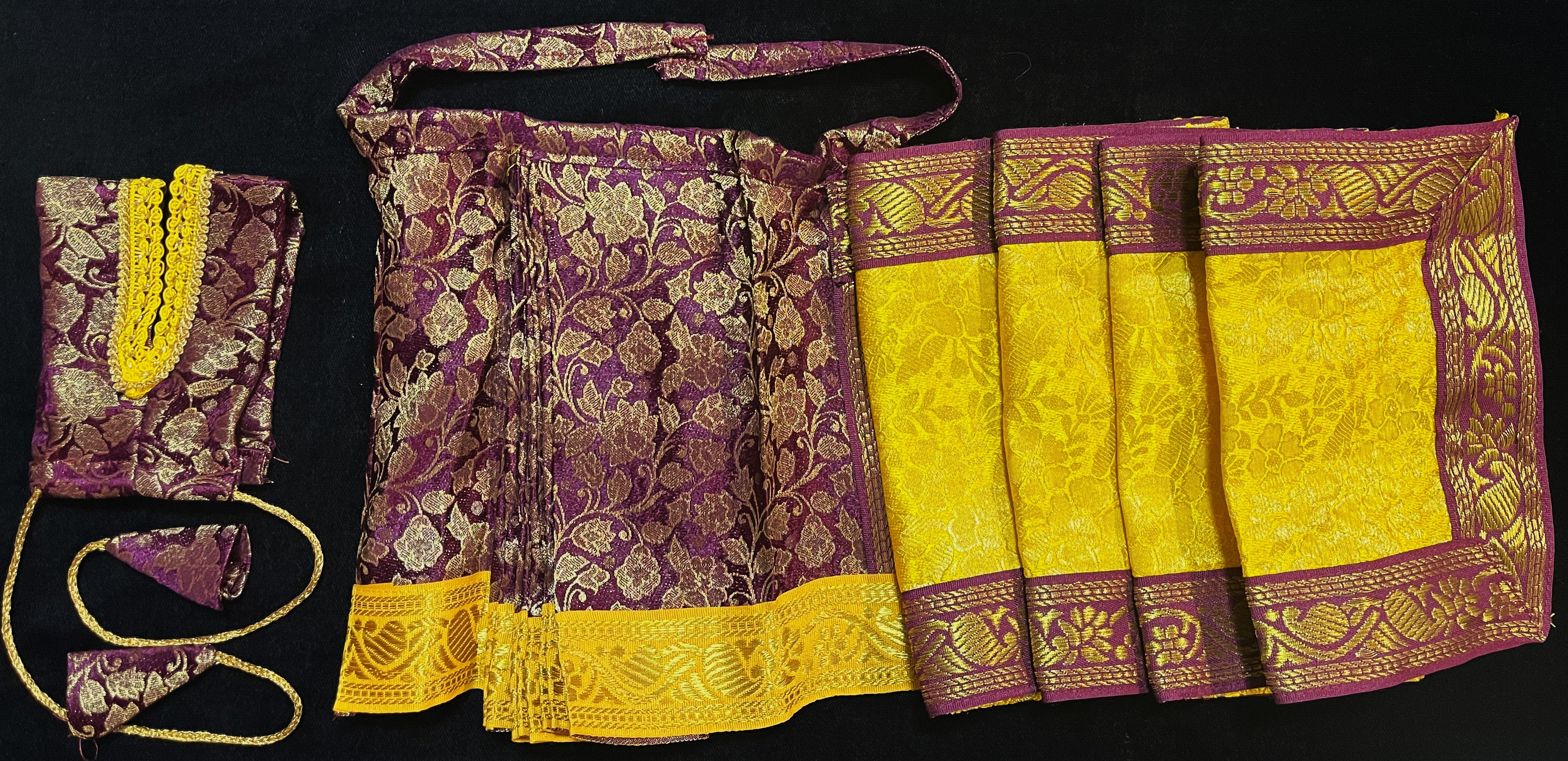 Devi, Durga, Kali, Radha Pre stiched Saree,  made of Brocade Silk (not pure silk) in Wine and Yellow Contrast - Wine Pre plated saree with Yellow Contrast 3