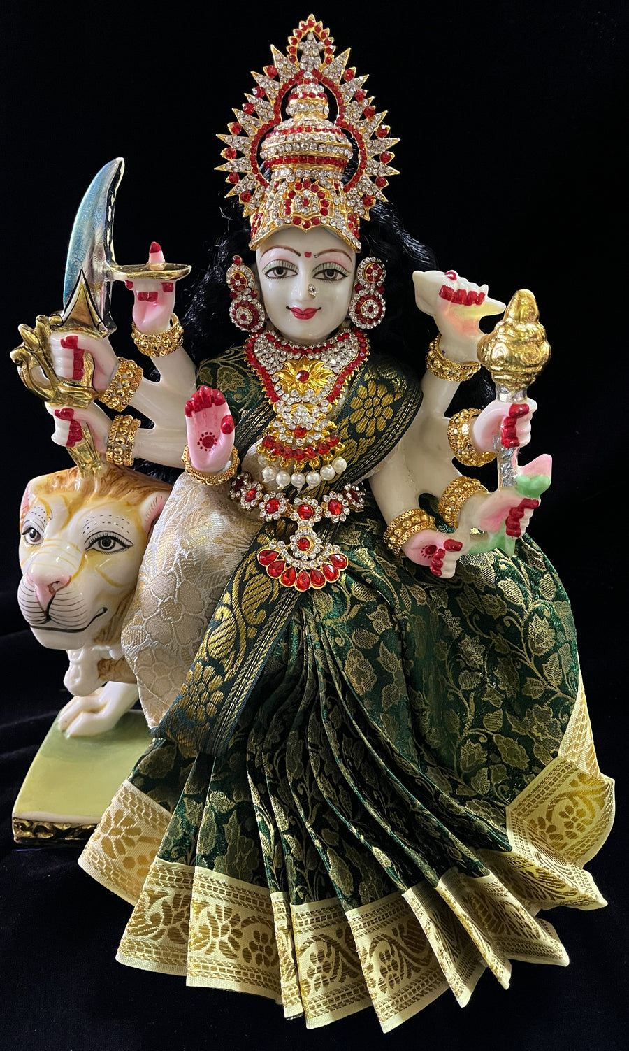 Devi, Durga, Kali, Radha Pre stiched Saree,  made of Brocade Silk (not pure silk) in Dark Green and Off White Contrast - Dark Green Pre plated saree with Off White Contrast
