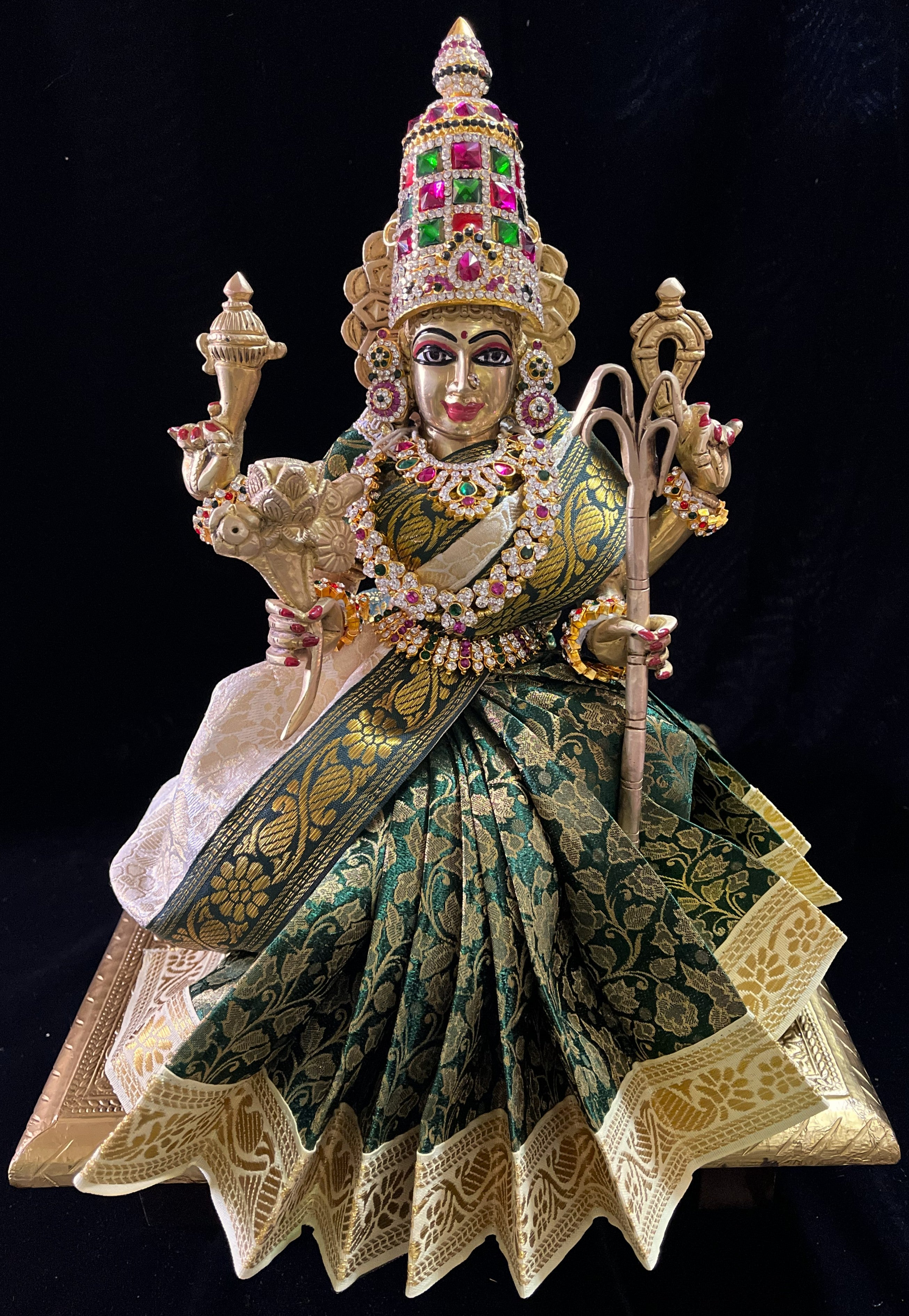 Devi, Durga, Kali, Radha Pre stiched Saree,  made of Brocade Silk (not pure silk) in Dark Green and Off White Contrast - Dark Green Pre plated saree with Off White Contrast 2