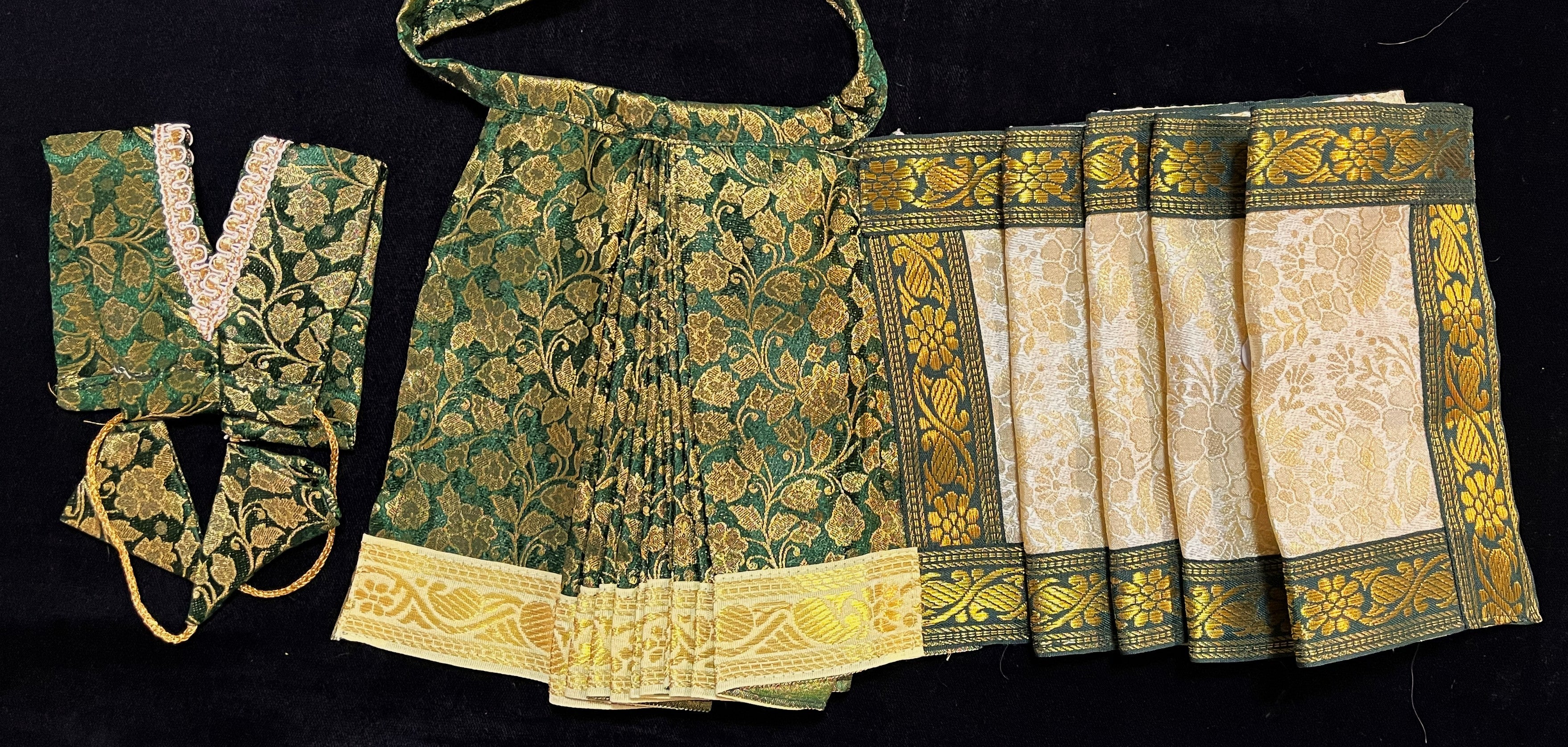 Devi, Durga, Kali, Radha Pre stiched Saree,  made of Brocade Silk (not pure silk) in Dark Green and Off White Contrast - Dark Green Pre plated saree with Off White Contrast 3