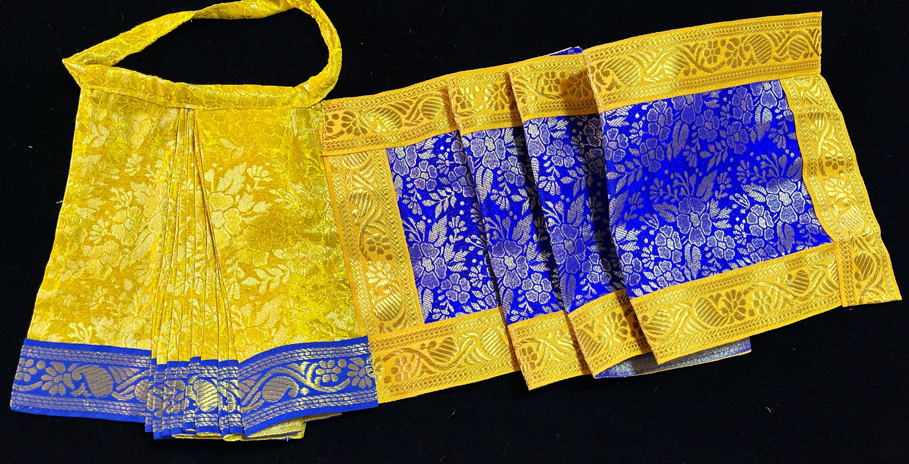 Devi, Durga, Kali, Radha Pre stiched Saree,  made of Brocade Silk (not pure silk) in Yellow Pre plated saree with Royal Blue  Contrast - Yellow Pre plated saree with Royal Blue  Contrast 3
