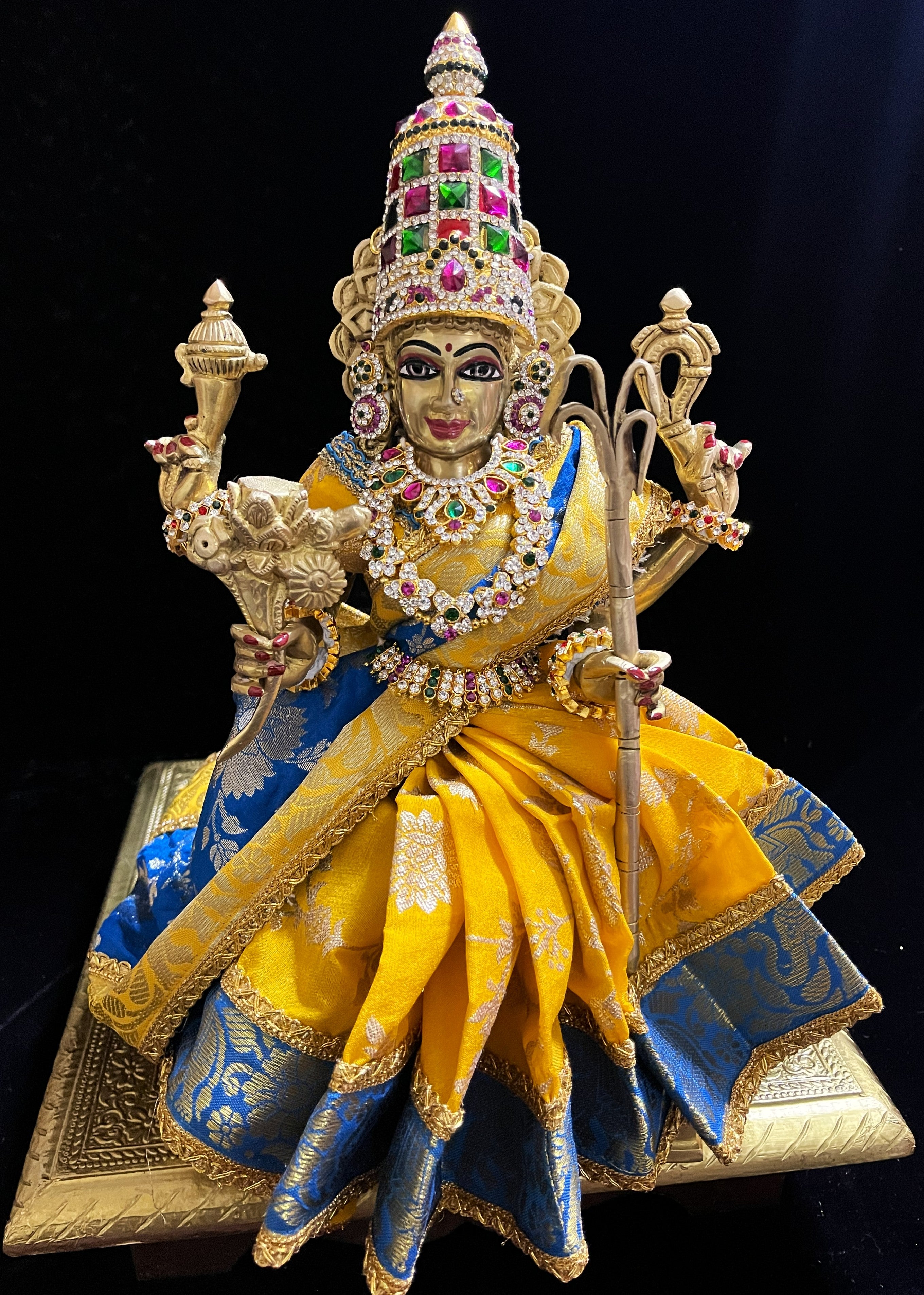 Devi, Durga, Kali, Radha Pre stiched Saree,  made of Brocade Silk (not pure silk) in Yellow and Sky Blue Contrast - Yellow Pre plated saree with Sky Blue Contrast 2
