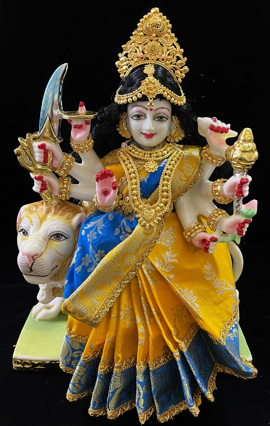 Devi, Durga, Kali, Radha Pre stiched Saree,  made of Brocade Silk (not pure silk) in Yellow and Sky Blue Contrast - Yellow Pre plated saree with Sky Blue Contrast