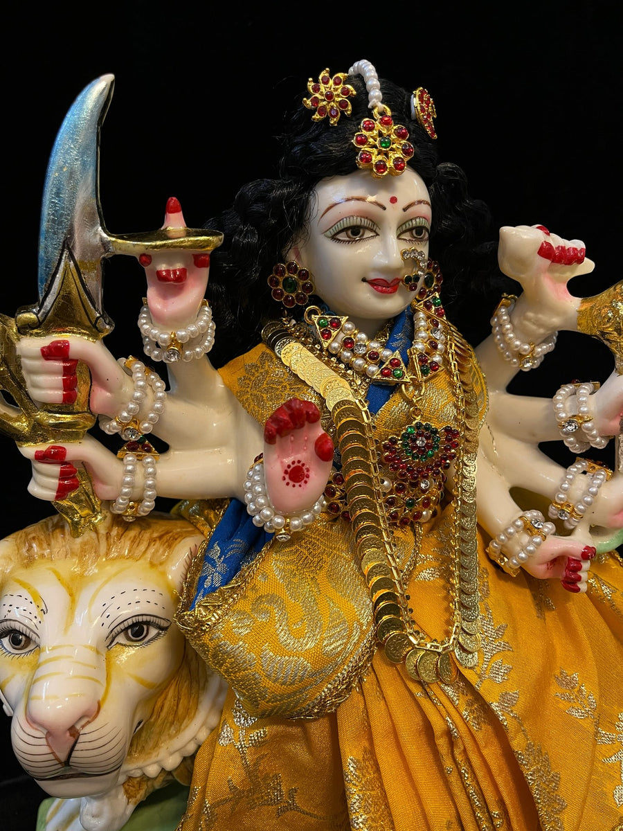 Devi, Durga, Kali, Radha Pre stiched Saree,  made of Brocade Silk (not pure silk) in Yellow and Sky Blue Contrast  - Yellow Pre plated saree with Sky Blue Contrast