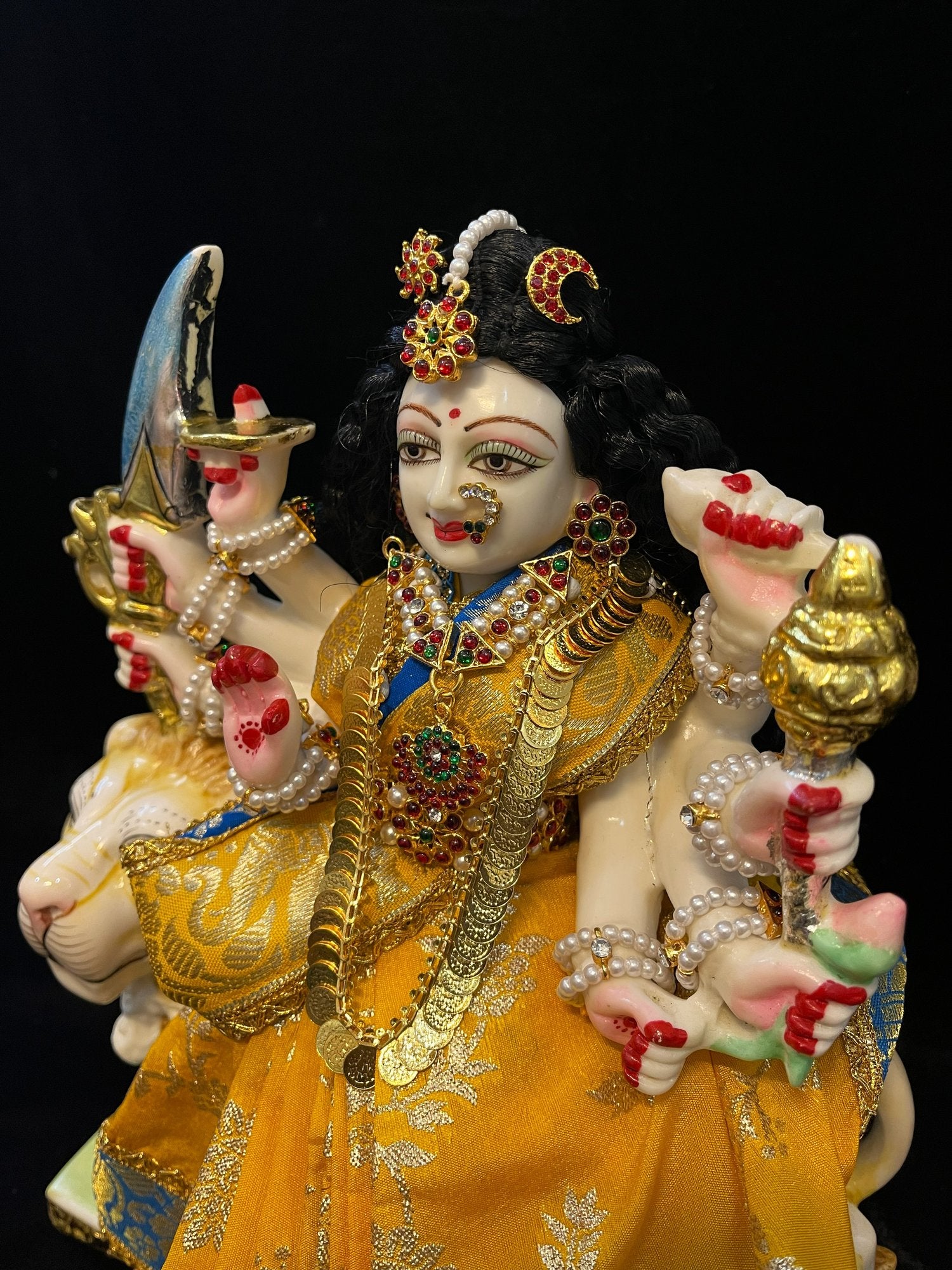 Devi, Durga, Kali, Radha Pre stiched Saree,  made of Brocade Silk (not pure silk) in Yellow and Sky Blue Contrast  - Yellow Pre plated saree with Sky Blue Contrast 5