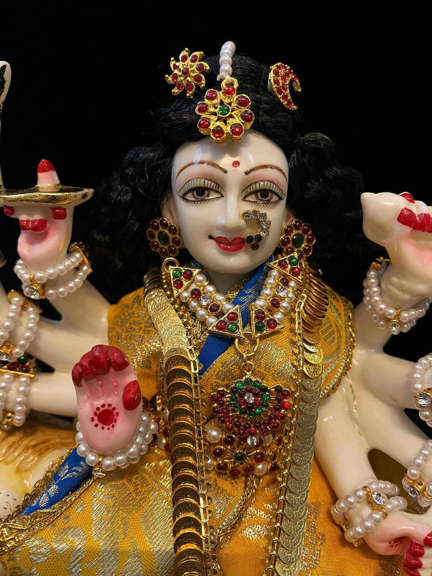 Devi, Durga, Kali, Radha Pre stiched Saree,  made of Brocade Silk (not pure silk) in Yellow and Sky Blue Contrast  - Yellow Pre plated saree with Sky Blue Contrast 2