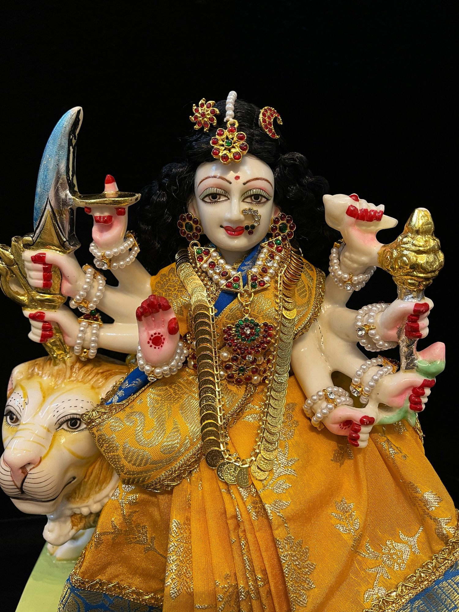 Devi, Durga, Kali, Radha Pre stiched Saree,  made of Brocade Silk (not pure silk) in Yellow and Sky Blue Contrast  - Yellow Pre plated saree with Sky Blue Contrast 3