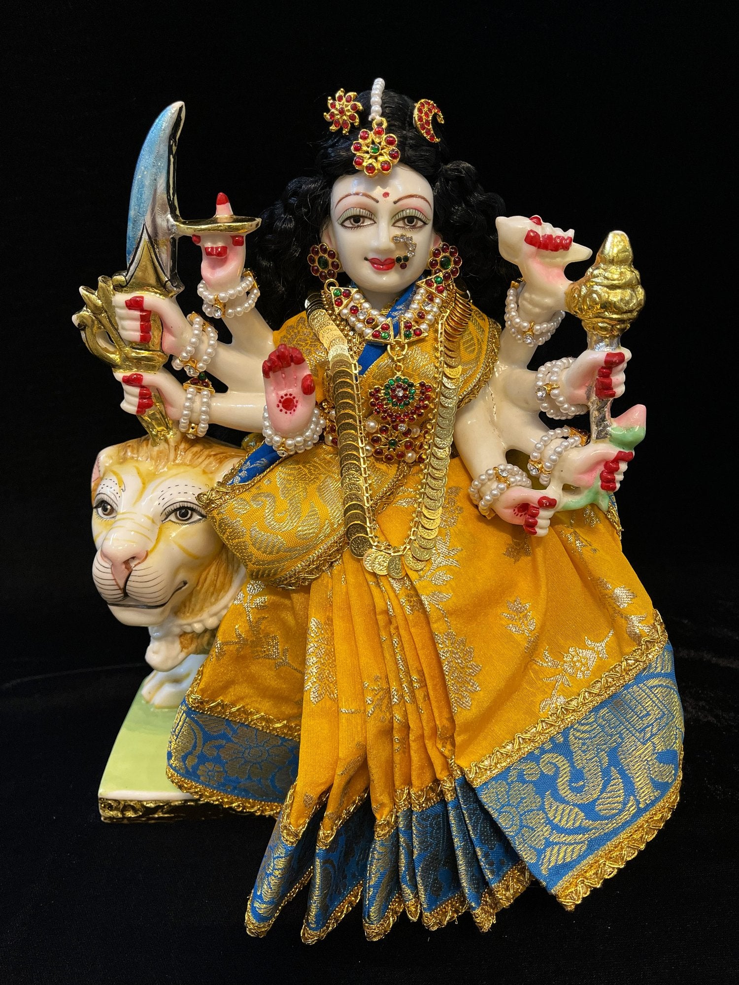 Devi, Durga, Kali, Radha Pre stiched Saree,  made of Brocade Silk (not pure silk) in Yellow and Sky Blue Contrast  - Yellow Pre plated saree with Sky Blue Contrast 4