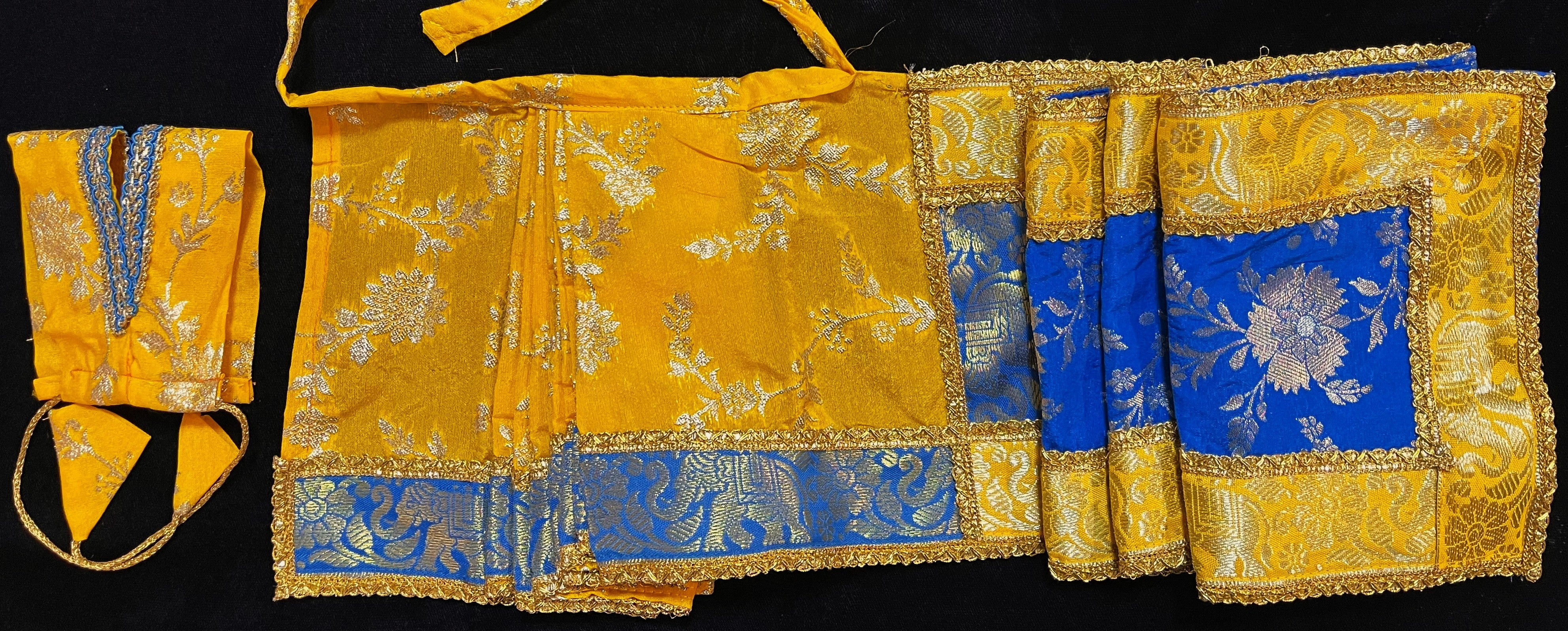 Devi, Durga, Kali, Radha Pre stiched Saree,  made of Brocade Silk (not pure silk) in Yellow and Sky Blue Contrast - Yellow Pre plated saree with Sky Blue Contrast 3