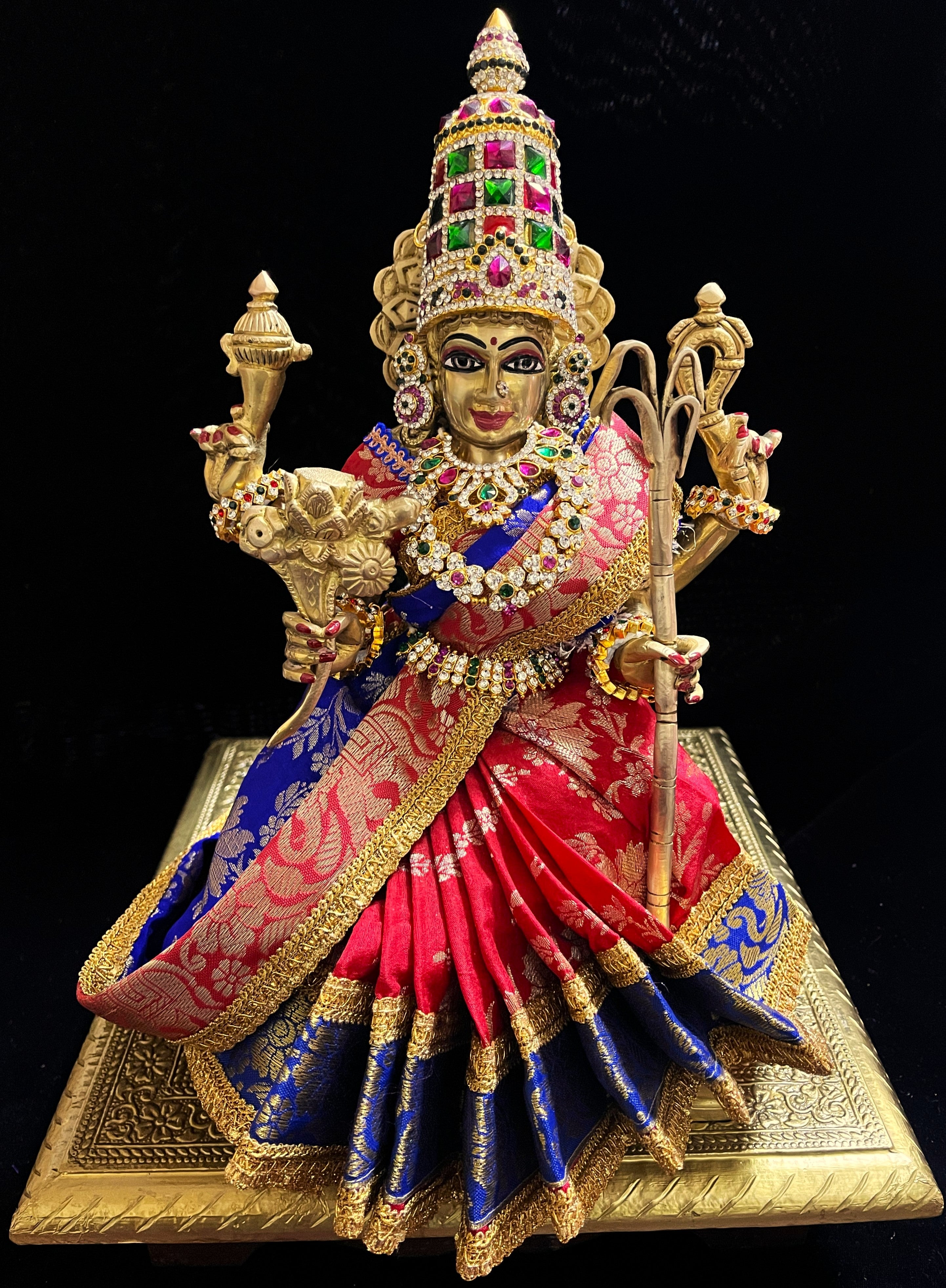 Devi, Durga, Kali, Radha Pre stiched Saree,  made of Brocade Silk (not pure silk) in Red and Royal Blue Contrast - Red Pre plated saree with Royal Blue Contrast 2
