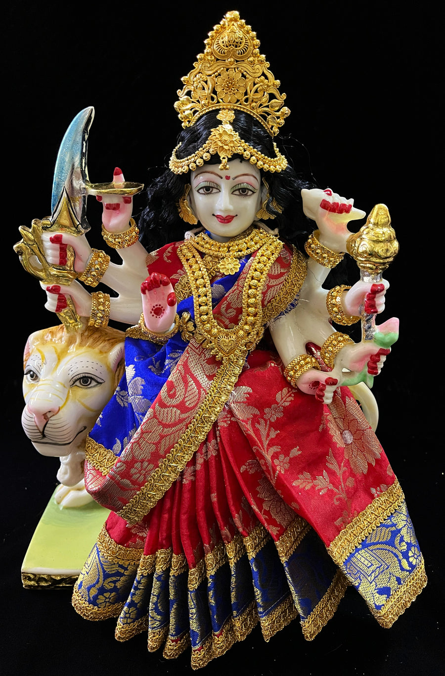 Devi, Durga, Kali, Radha Pre stiched Saree,  made of Brocade Silk (not pure silk) in Red and Royal Blue Contrast - Red Pre plated saree with Royal Blue Contrast