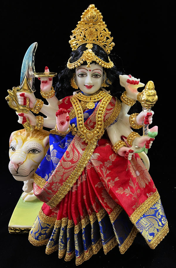 Devi, Durga, Kali, Radha Pre stiched Saree,  made of Brocade Silk (not pure silk) in Red and Royal Blue Contrast - Red Pre plated saree with Royal Blue Contrast