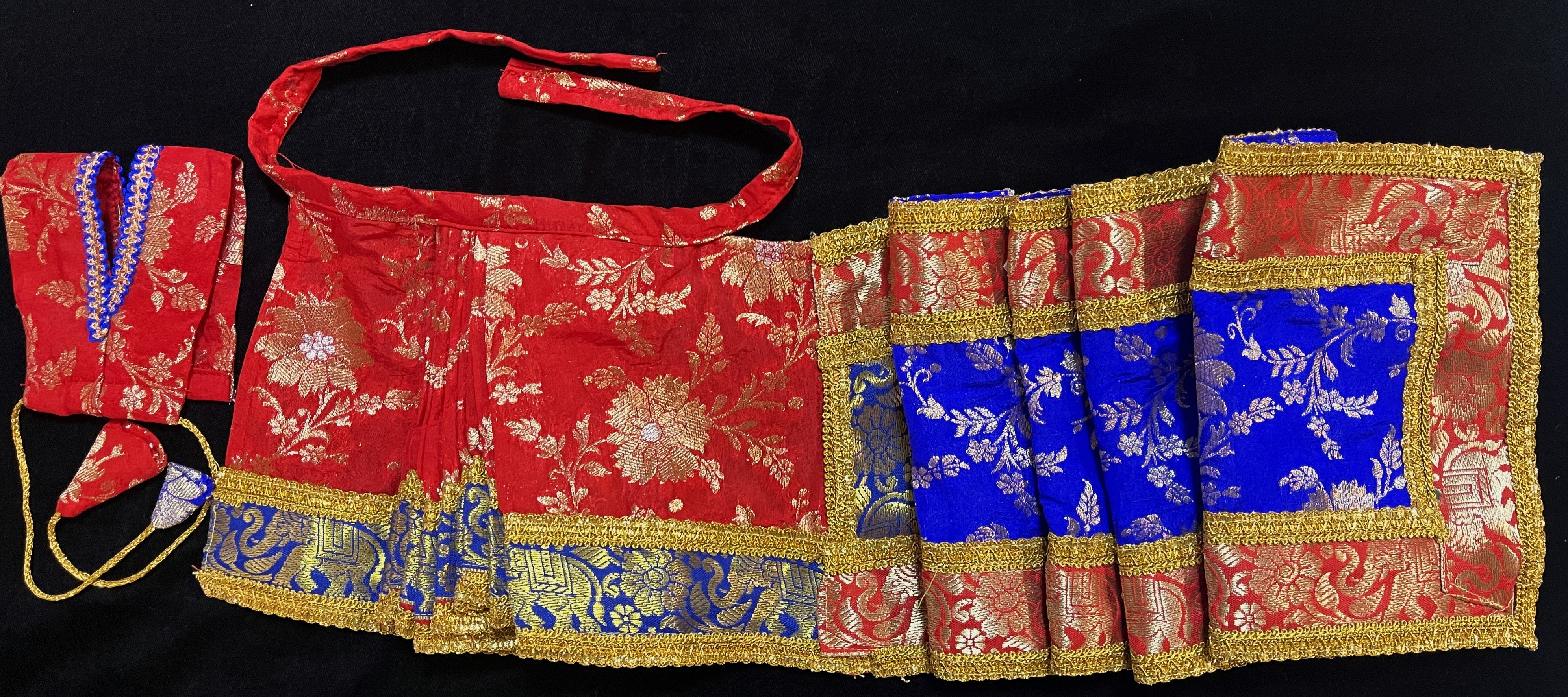 Devi, Durga, Kali, Radha Pre stiched Saree,  made of Brocade Silk (not pure silk) in Red and Royal Blue Contrast - Red Pre plated saree with Royal Blue Contrast 3