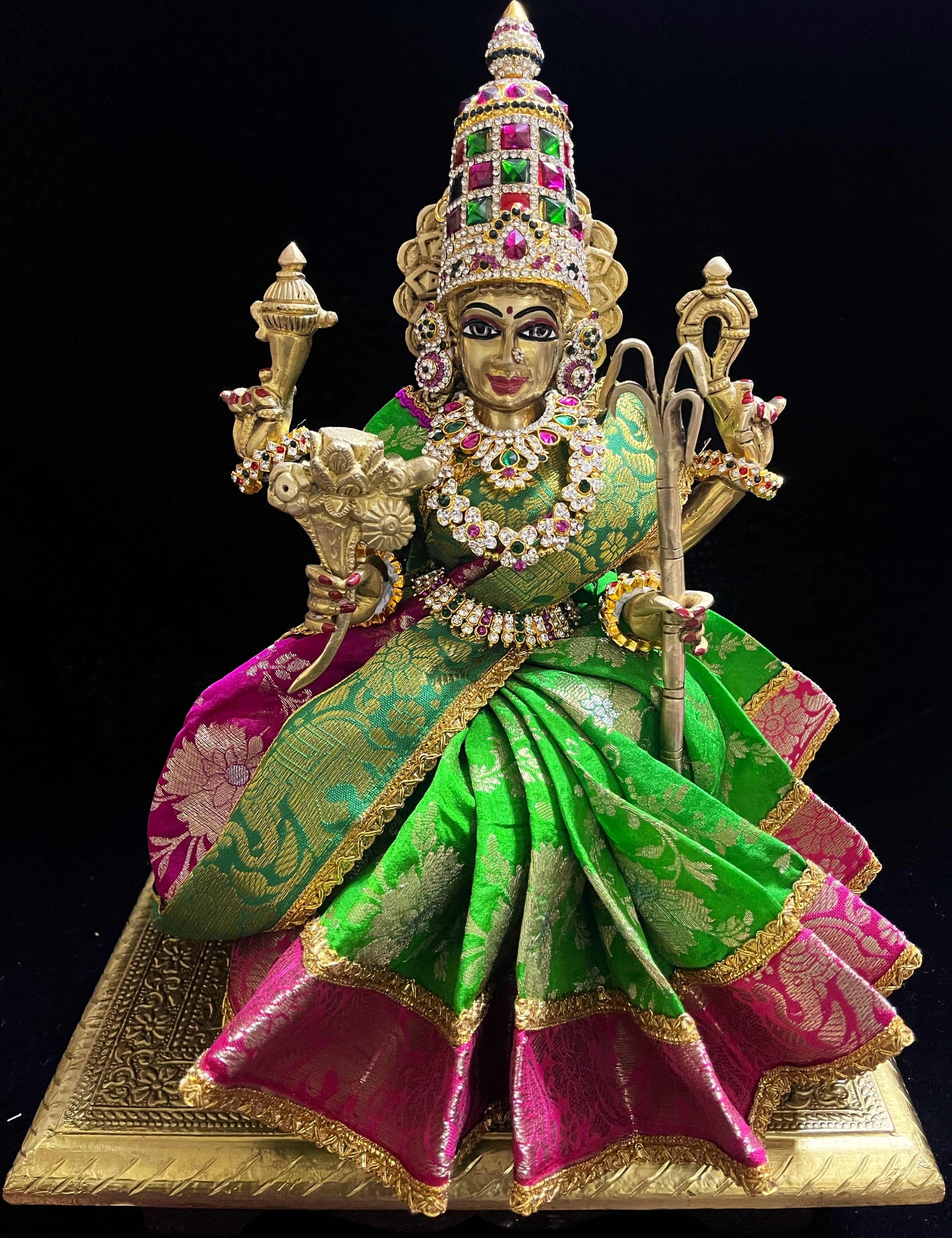 Devi, Durga, Kali, Radha Pre stiched Saree,  made of Brocade Silk (not pure silk) in Parrot Green and Pink  Contrast - Parrot Green Pre plated saree with Pink  Contrast 2