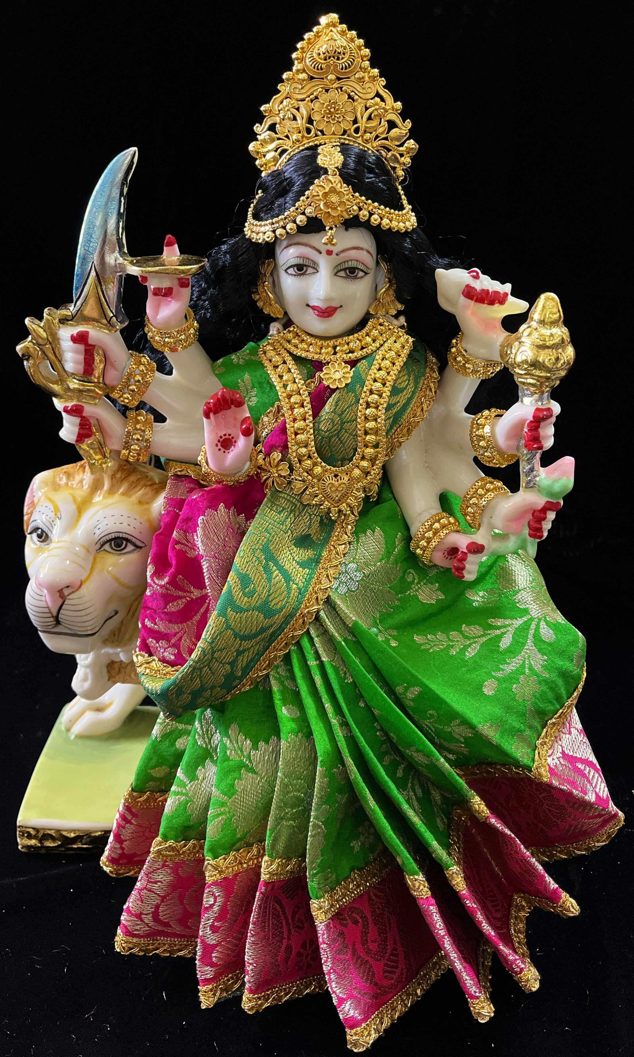 Devi, Durga, Kali, Radha Pre stiched Saree,  made of Brocade Silk (not pure silk) in Parrot Green and Pink  Contrast - Parrot Green Pre plated saree with Pink  Contrast 1