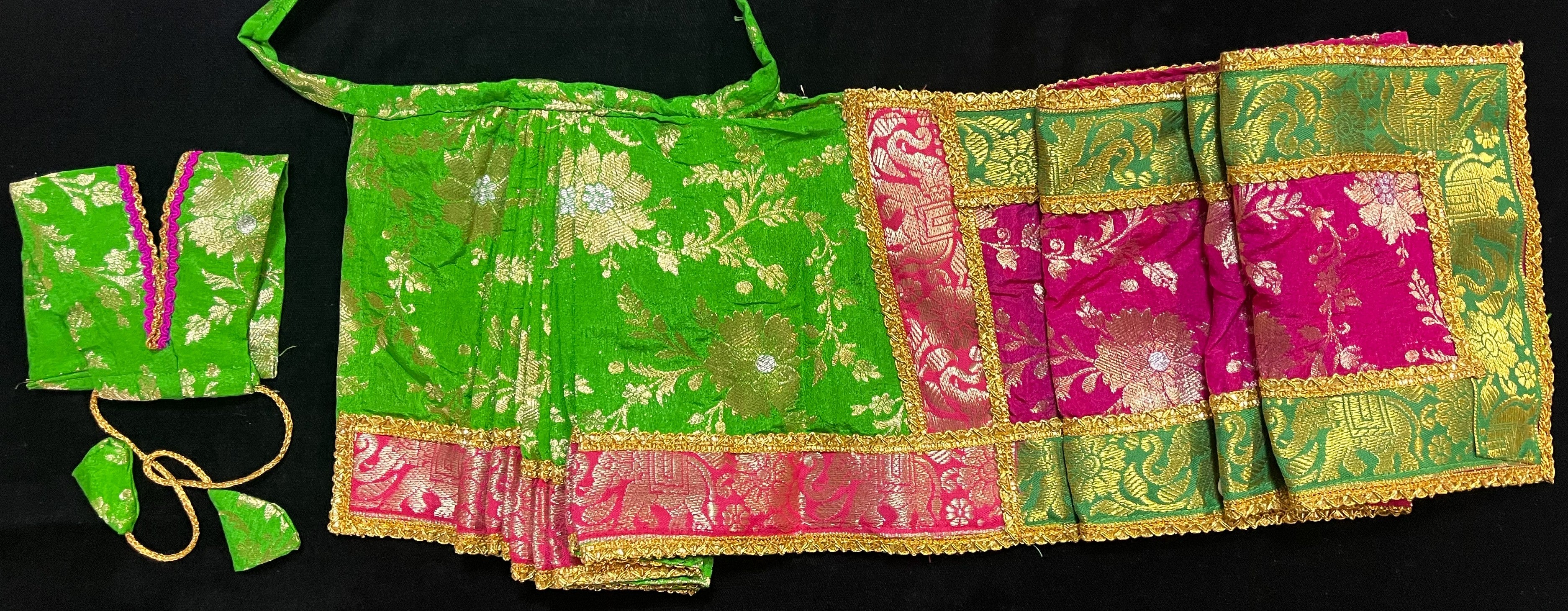 Devi, Durga, Kali, Radha Pre stiched Saree,  made of Brocade Silk (not pure silk) in Parrot Green and Pink  Contrast - Parrot Green Pre plated saree with Pink  Contrast 3