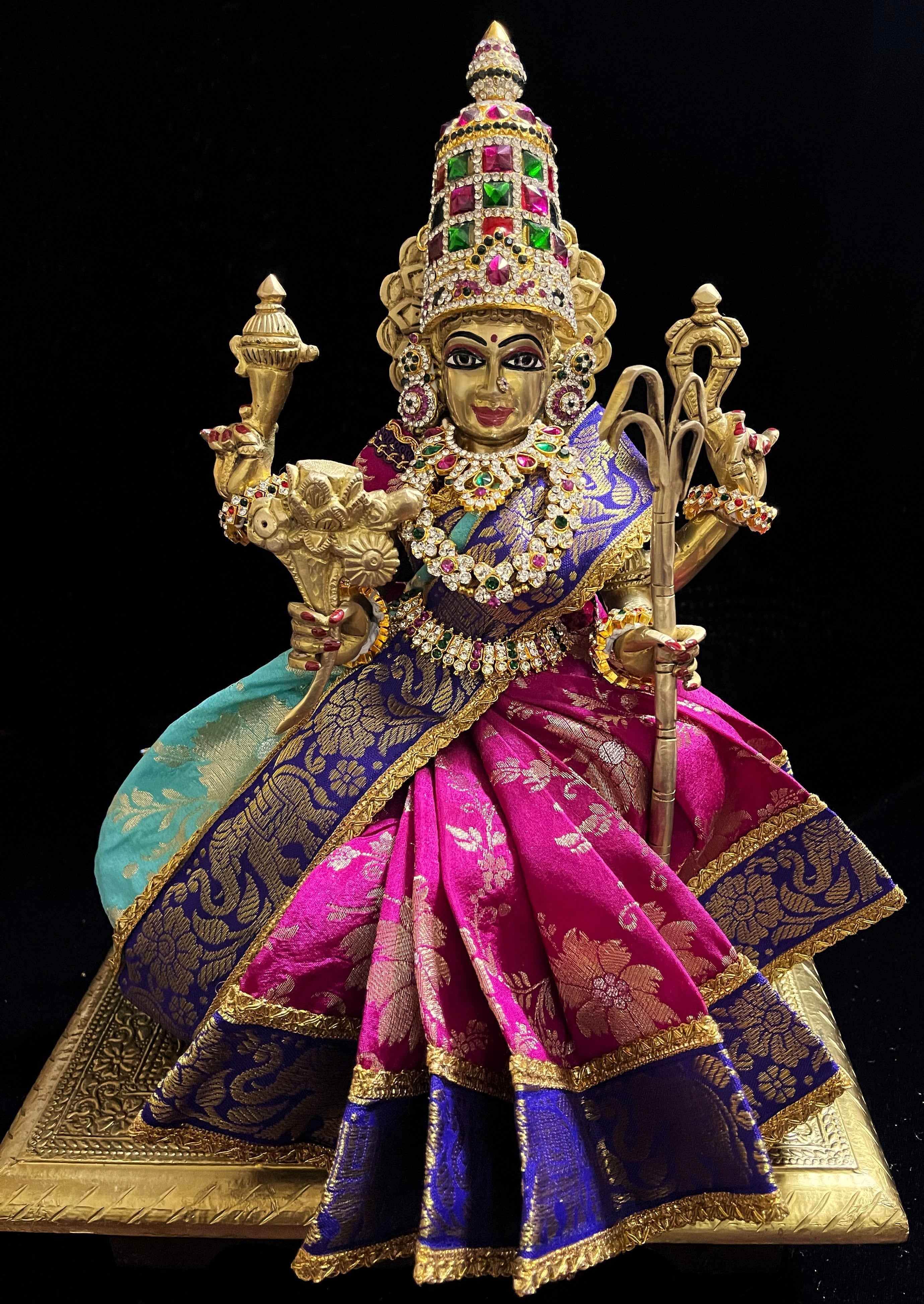 Devi, Durga, Kali, Radha Pre stiched Saree,  made of Brocade Silk (not pure silk) in Rani Pink and  Sky Blue Contrast - Rani Pink Pre plated saree with  Sky Blue Contrast 2