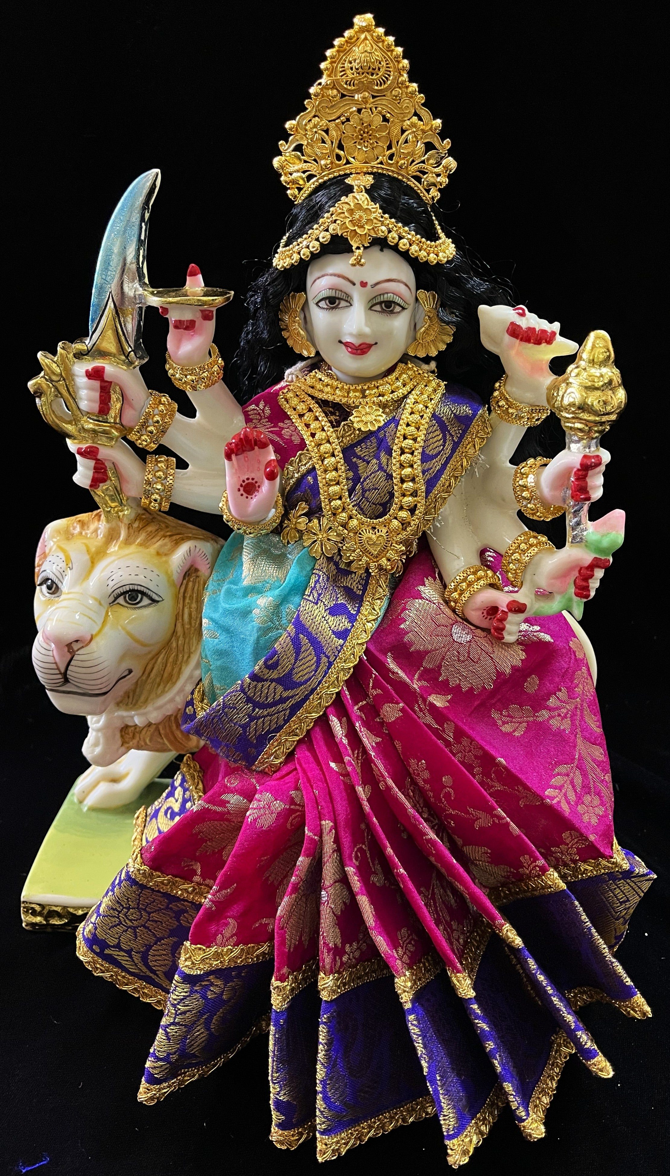 Devi, Durga, Kali, Radha Pre stiched Saree,  made of Brocade Silk (not pure silk) in Rani Pink and  Sky Blue Contrast - Rani Pink Pre plated saree with  Sky Blue Contrast 1