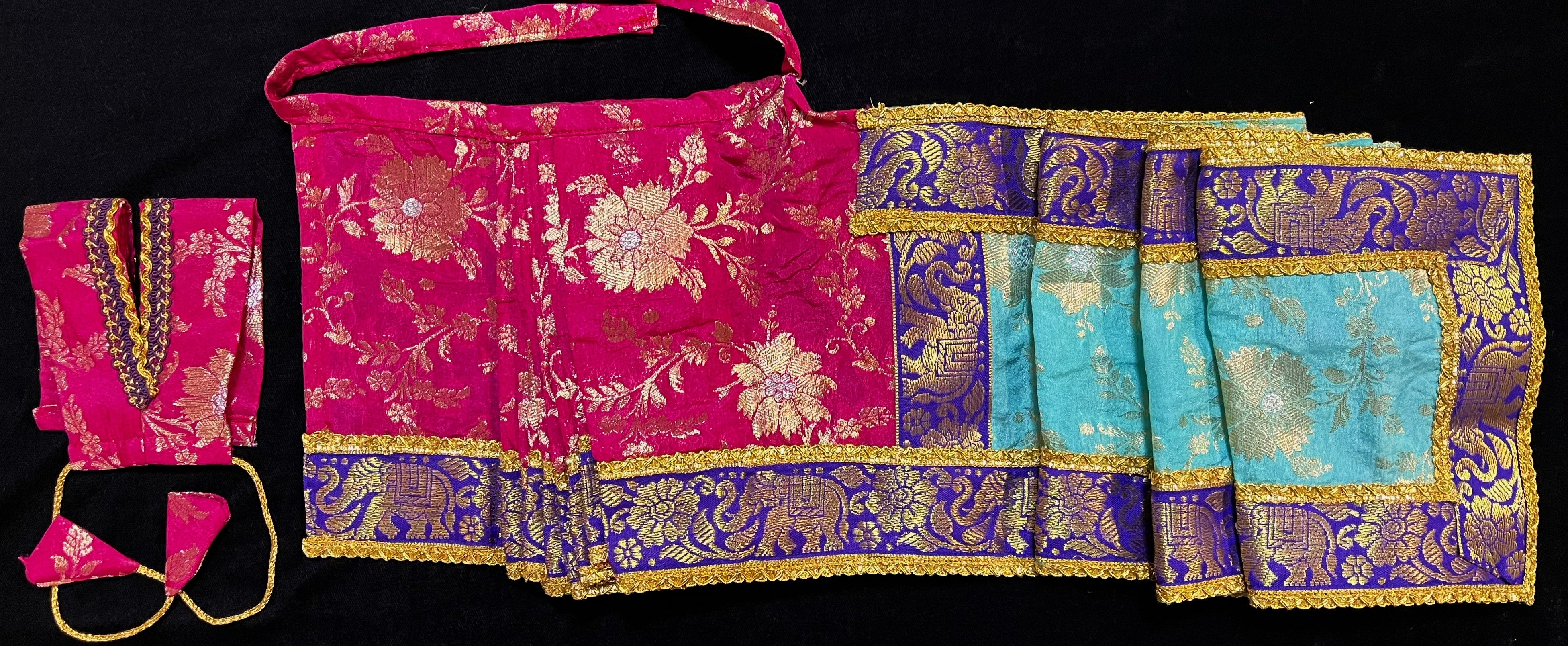 Devi, Durga, Kali, Radha Pre stiched Saree,  made of Brocade Silk (not pure silk) in Rani Pink and  Sky Blue Contrast - Rani Pink Pre plated saree with  Sky Blue Contrast 3