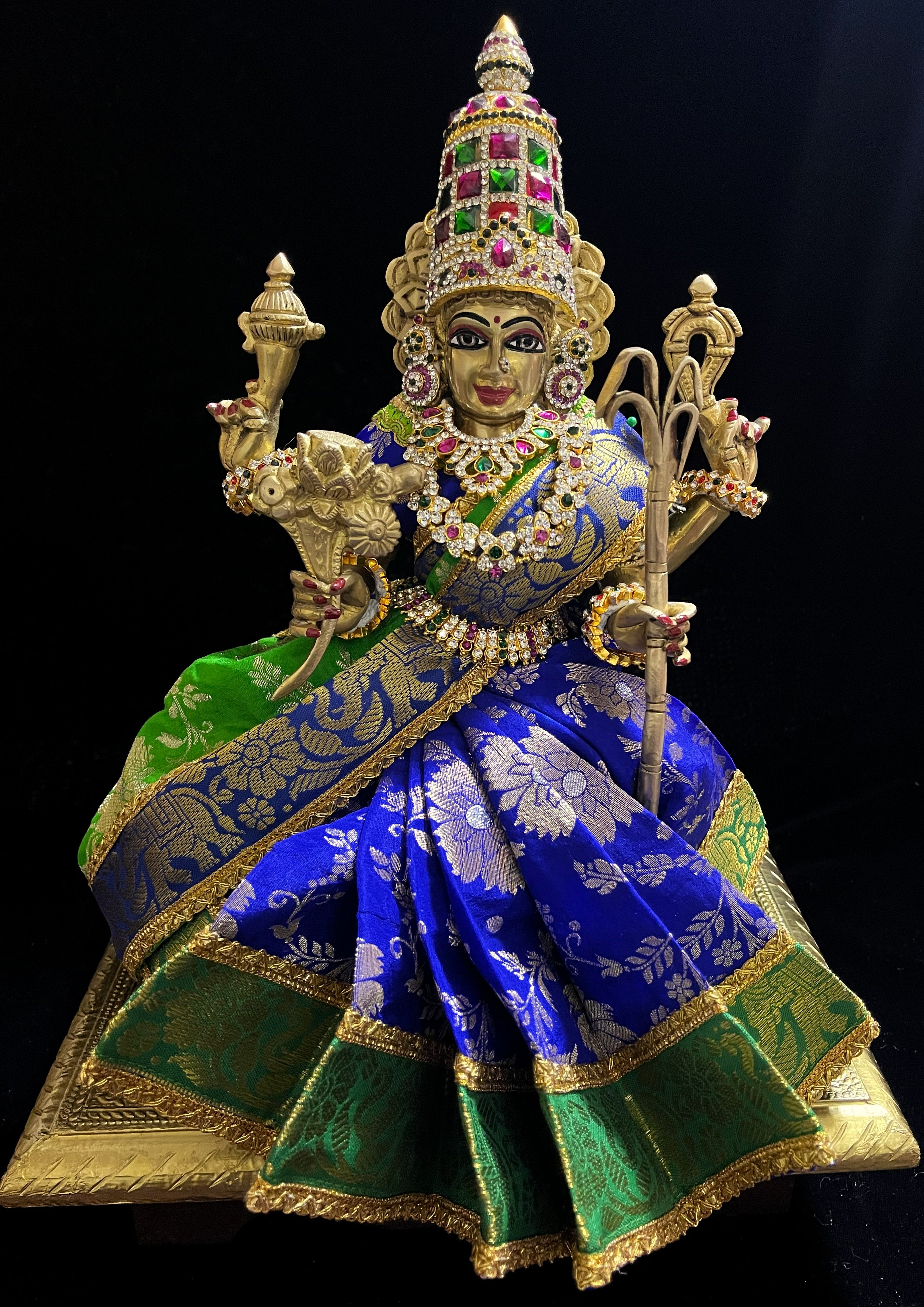 Devi, Durga, Kali, Radha Pre stiched Saree,  made of Brocade Silk (not pure silk) in Royal Blue and  Parrot Green Contrast - Royal Blue Pre plated saree with  Parrot Green Contrast 2