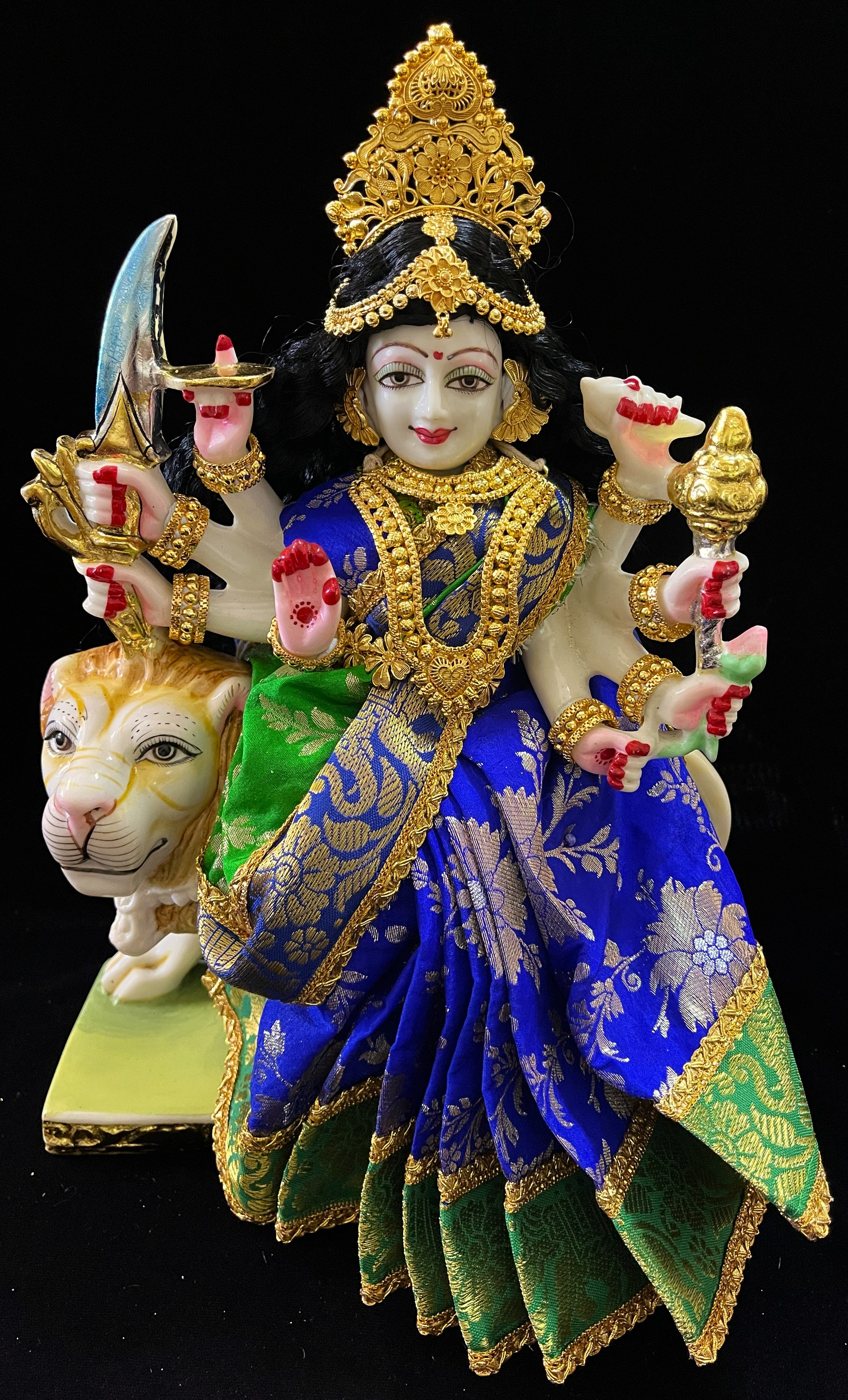 Devi, Durga, Kali, Radha Pre stiched Saree,  made of Brocade Silk (not pure silk) in Royal Blue and  Parrot Green Contrast - Royal Blue Pre plated saree with  Parrot Green Contrast 1