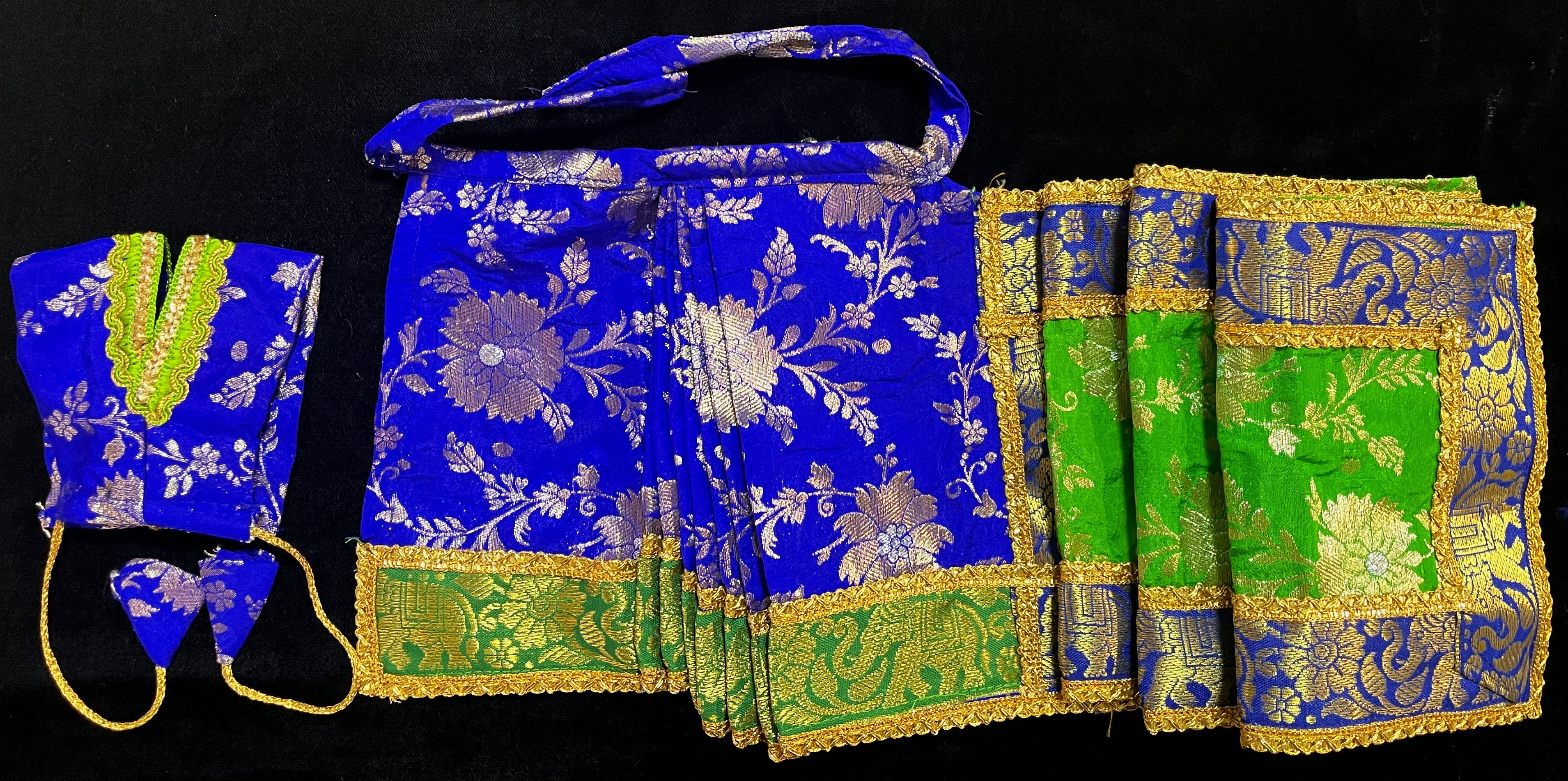 Devi, Durga, Kali, Radha Pre stiched Saree,  made of Brocade Silk (not pure silk) in Royal Blue and  Parrot Green Contrast - Royal Blue Pre plated saree with  Parrot Green Contrast 3