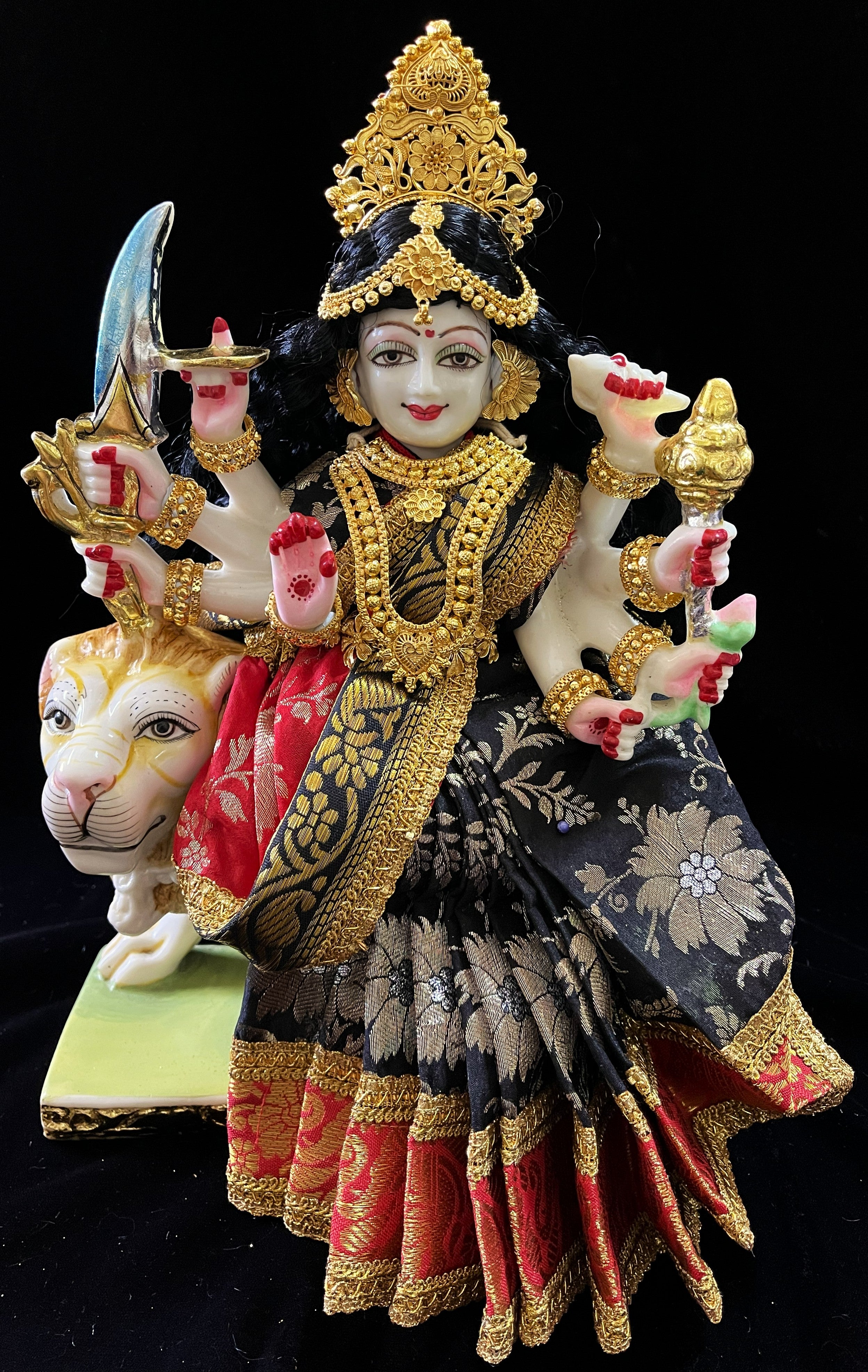 Devi, Durga, Kali, Radha Pre stiched Saree,  made of Brocade Silk (not pure silk) in Black and Red Contrast - Black Pre plated saree with Red Contrast 1