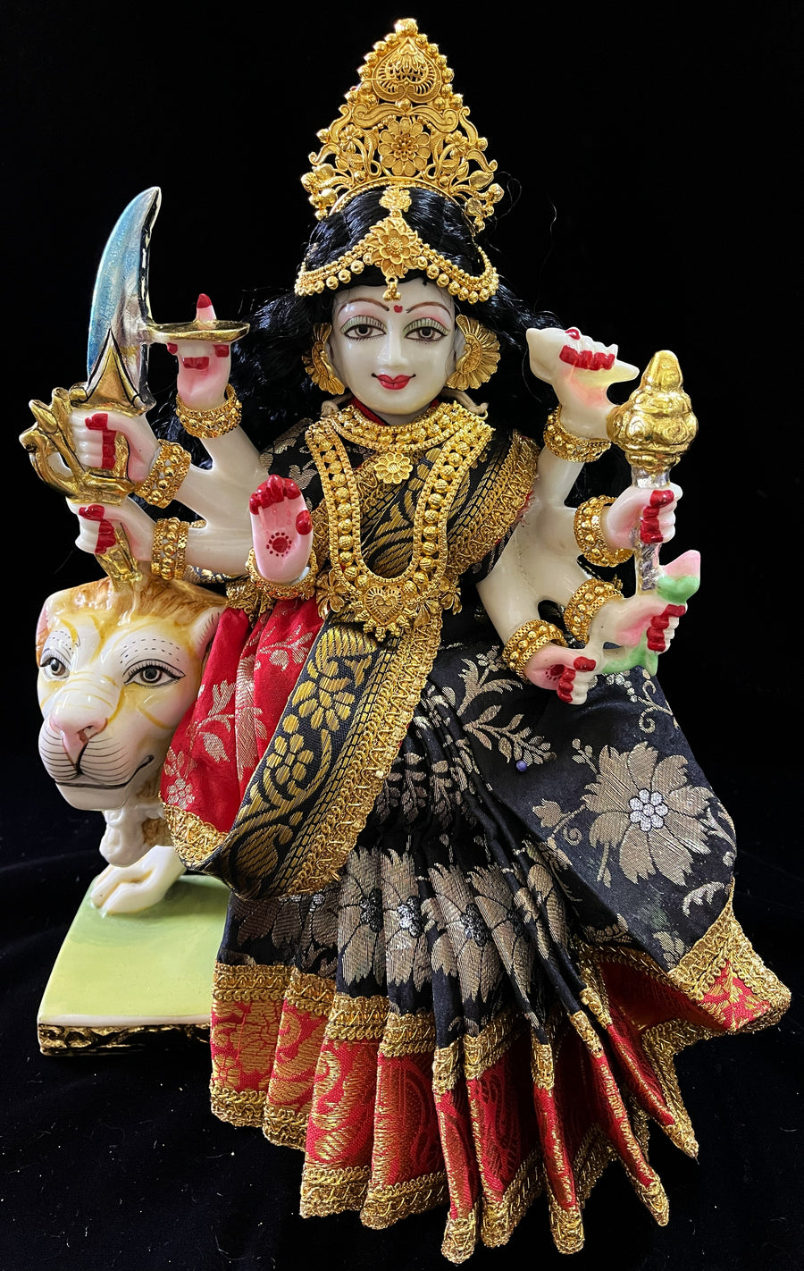 Devi, Durga, Kali, Radha Pre stiched Saree,  made of Brocade Silk (not pure silk) in Black and Red Contrast - Black Pre plated saree with Red Contrast