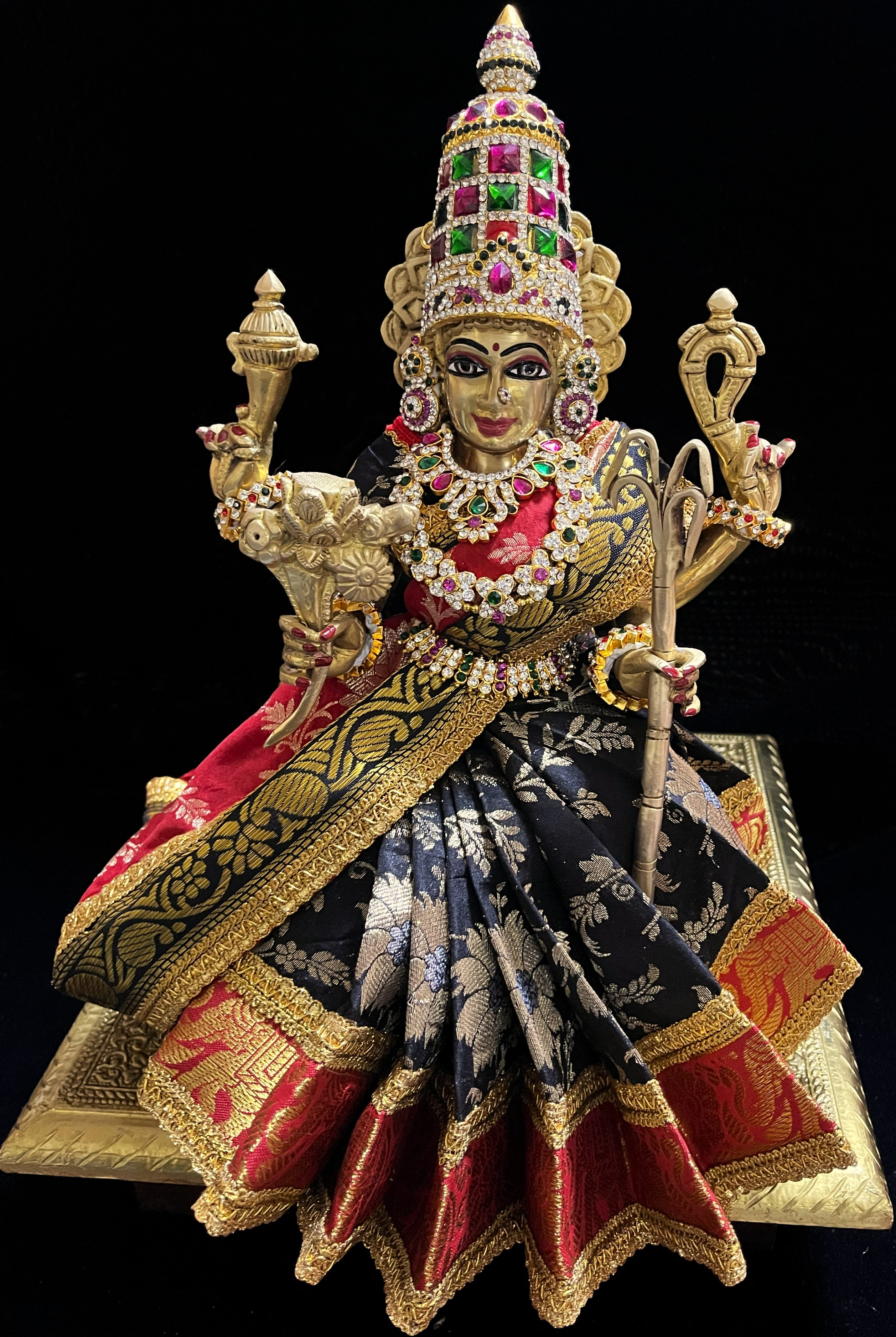 Devi, Durga, Kali, Radha Pre stiched Saree,  made of Brocade Silk (not pure silk) in Black and Red Contrast - Black Pre plated saree with Red Contrast 2