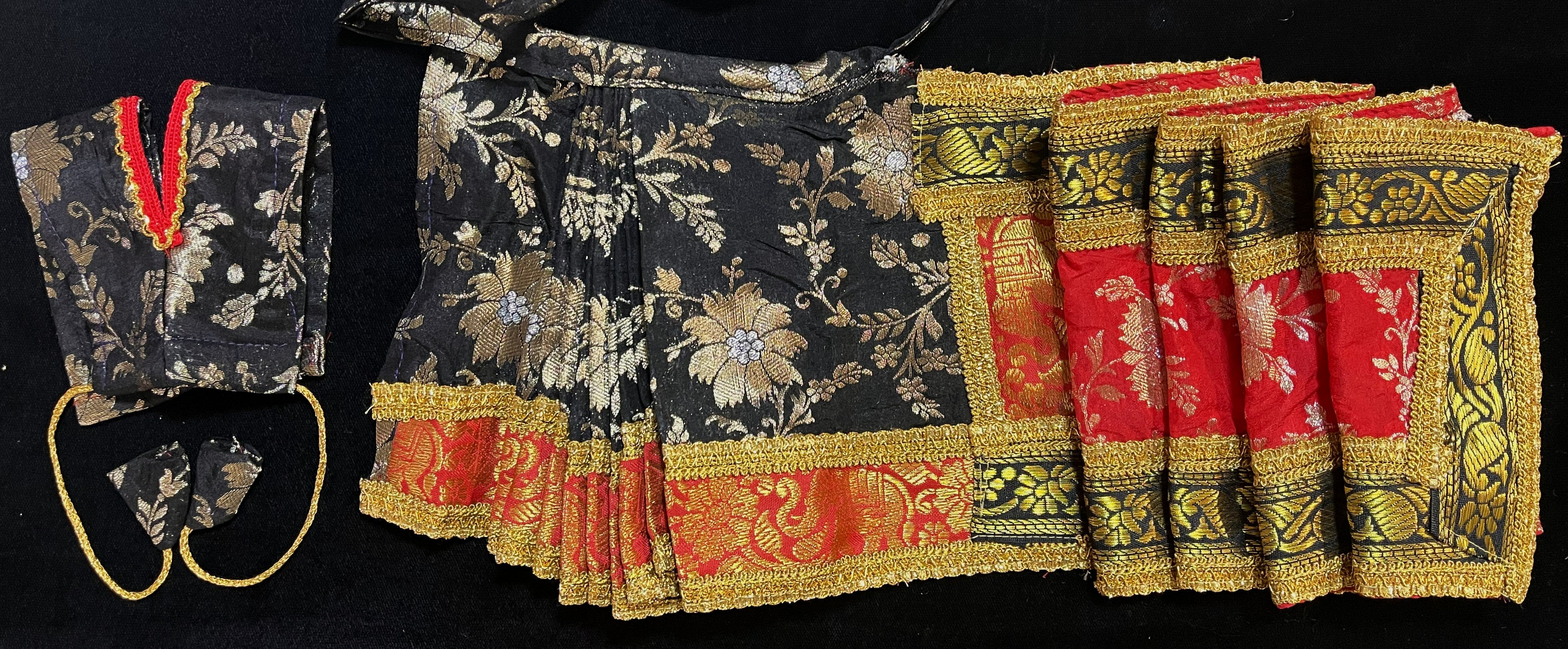 Devi, Durga, Kali, Radha Pre stiched Saree,  made of Brocade Silk (not pure silk) in Black and Red Contrast - Black Pre plated saree with Red Contrast 3