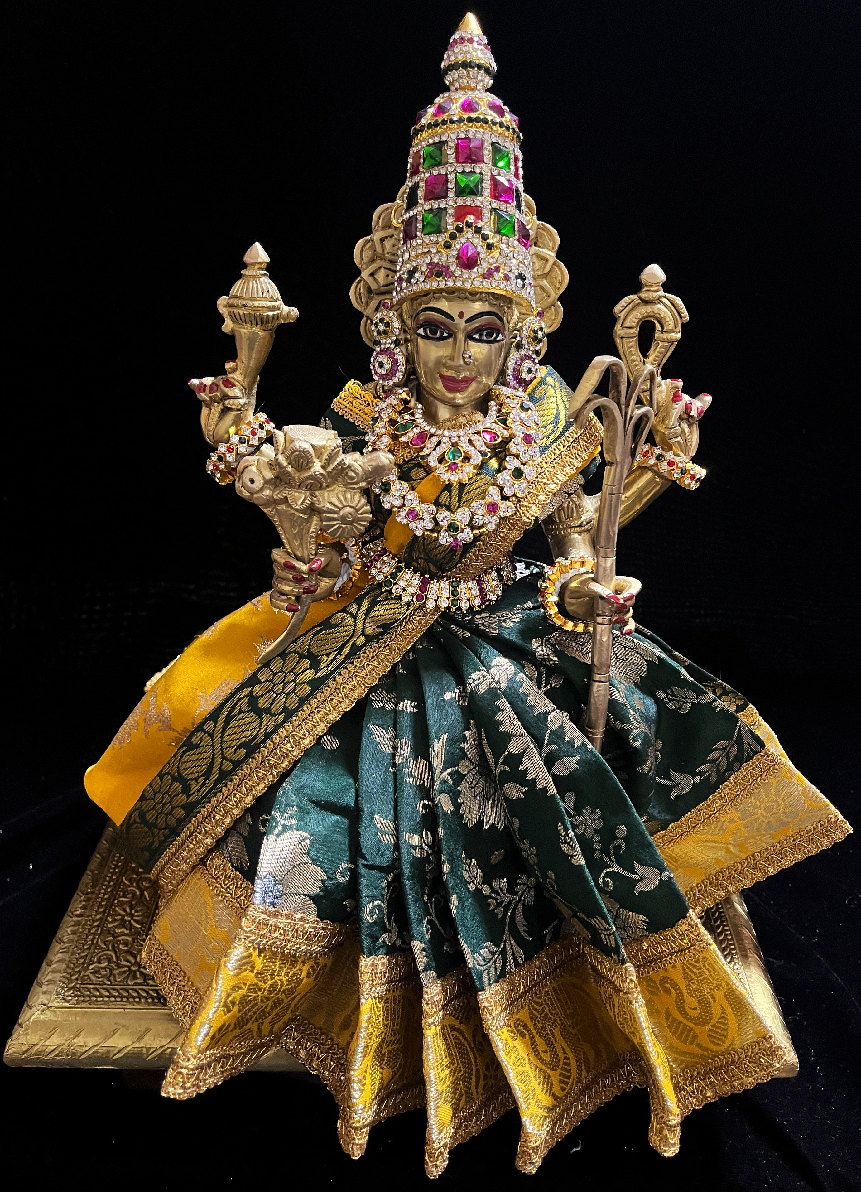Devi, Durga, Kali, Radha Pre stiched Saree,  made of Brocade Silk (not pure silk) in Dark Green and Yellow Contrast - Dark Green Pre plated saree with Yellow Contrast 2