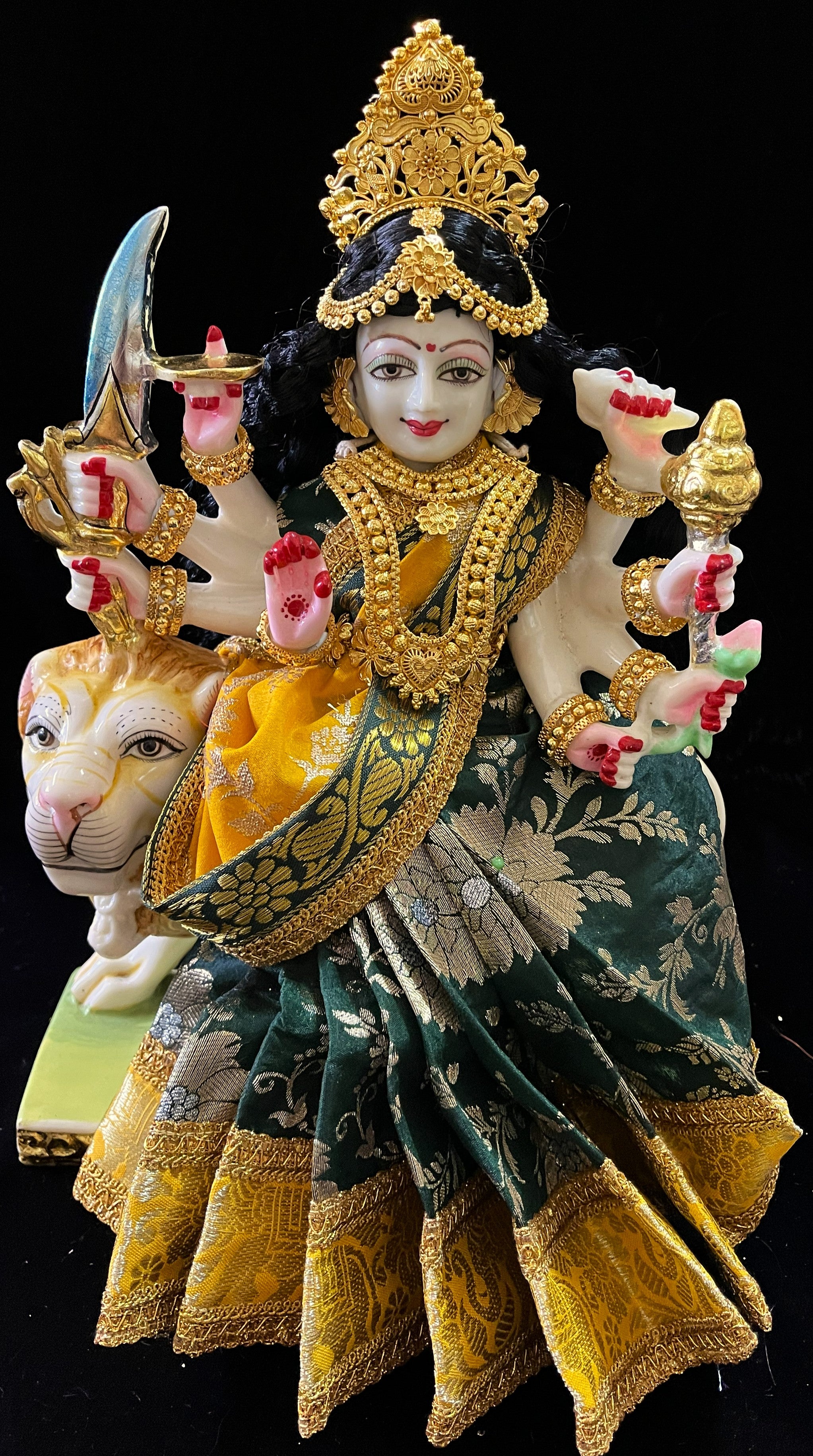 Devi, Durga, Kali, Radha Pre stiched Saree,  made of Brocade Silk (not pure silk) in Dark Green and Yellow Contrast - Dark Green Pre plated saree with Yellow Contrast 1