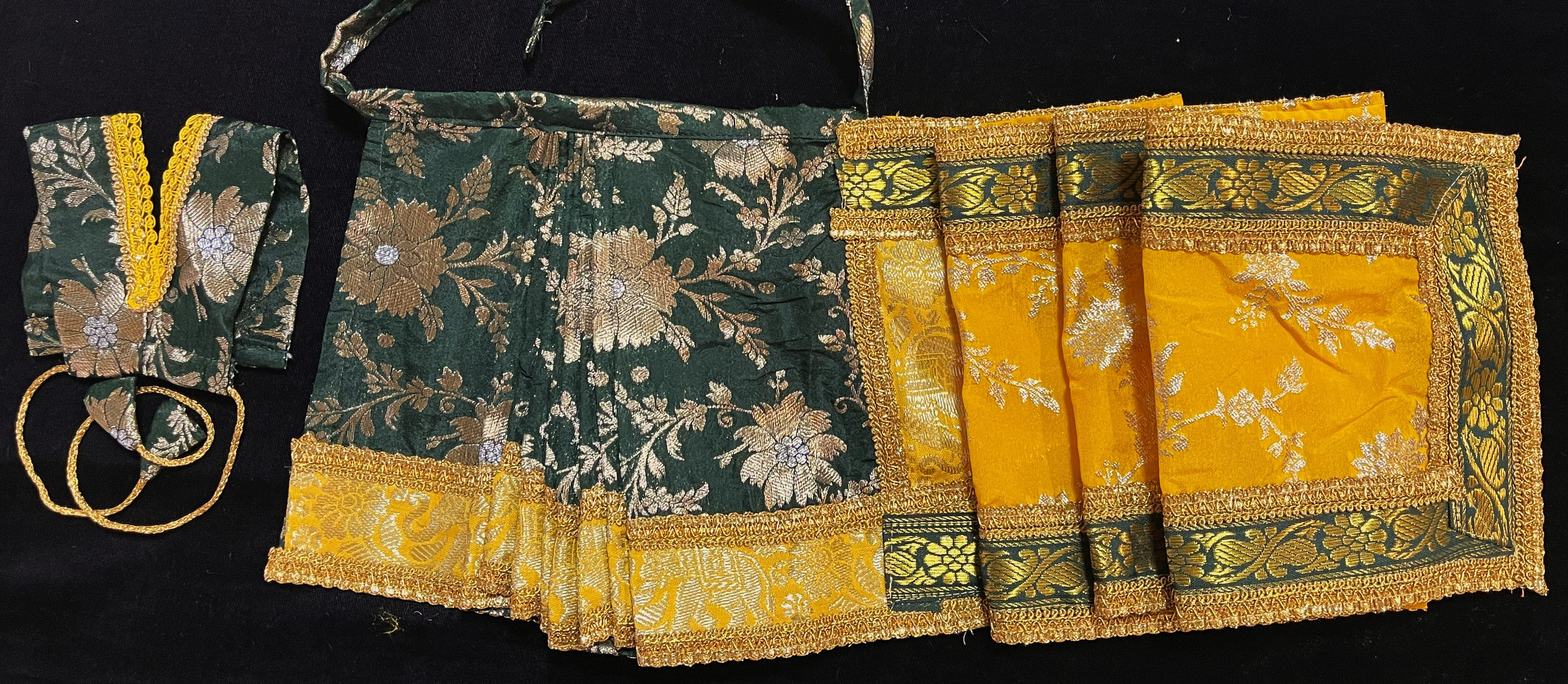 Devi, Durga, Kali, Radha Pre stiched Saree,  made of Brocade Silk (not pure silk) in Dark Green and Yellow Contrast - Dark Green Pre plated saree with Yellow Contrast 3