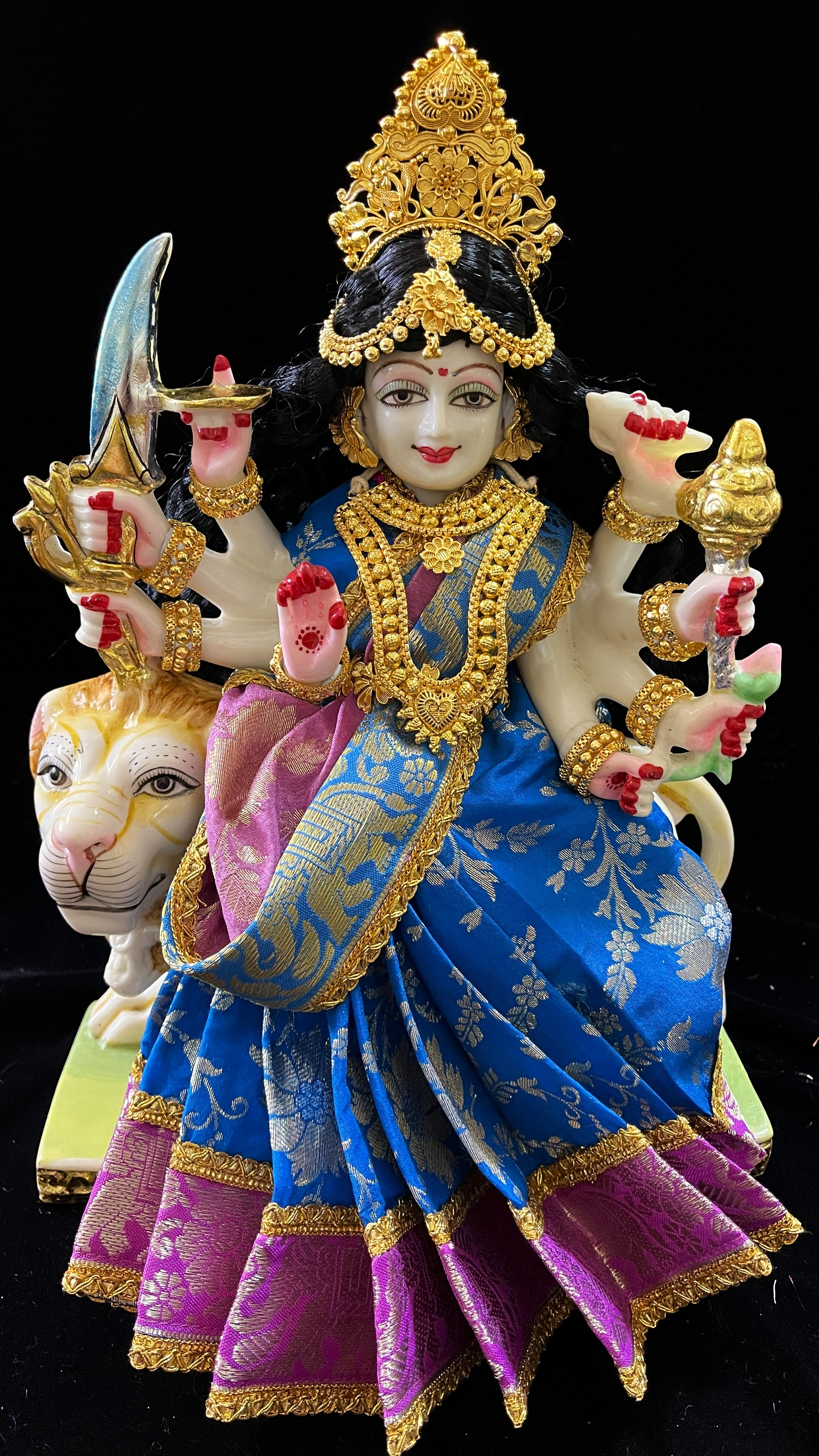 Devi, Durga, Kali, Radha Pre stiched Saree,  made of Brocade Silk (not pure silk) in Light Blue and Baby Pink Contrast - Light Blue Pre plated saree with Baby Pink Contrast 1
