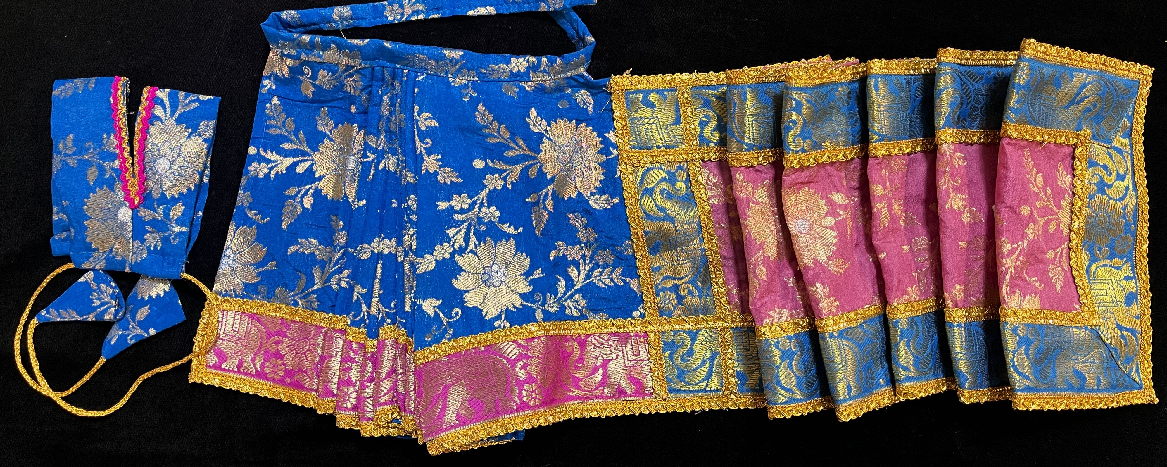 Devi, Durga, Kali, Radha Pre stiched Saree,  made of Brocade Silk (not pure silk) in Light Blue and Baby Pink Contrast - Light Blue Pre plated saree with Baby Pink Contrast 3
