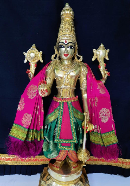 Dasavataram inspired inspired Deity dhoti and patka shalya / Uparna vastra made of Tapeta Silk (Not Pure Silk) - Green dhoti with Pink pleats and Pink shalya