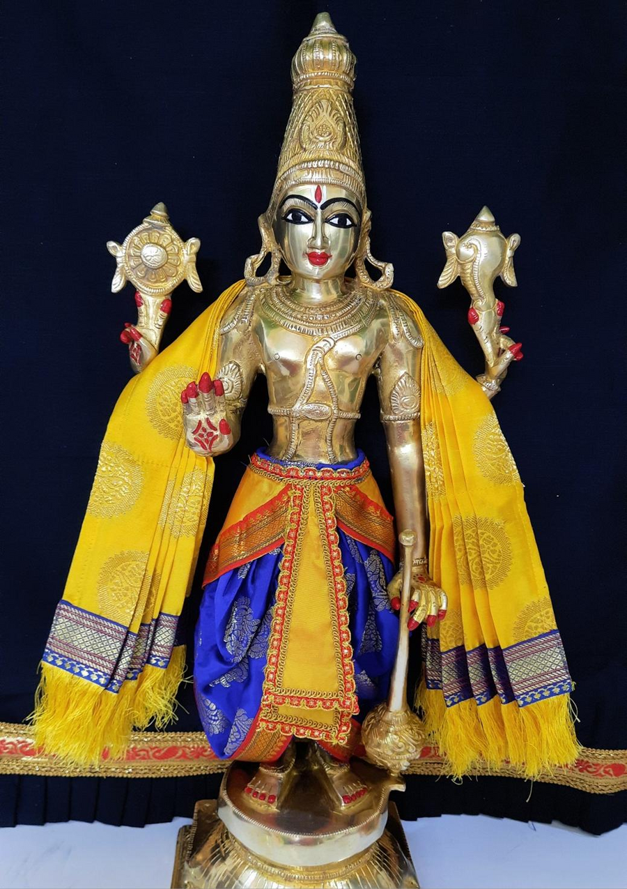 Dasavataram inspired inspired Deity dhoti and patka shalya / Uparna vastra made of Tapeta Silk (Not Pure Silk) - Royal Blue Dhoti with Yellow Pleats and Yellow Shalya