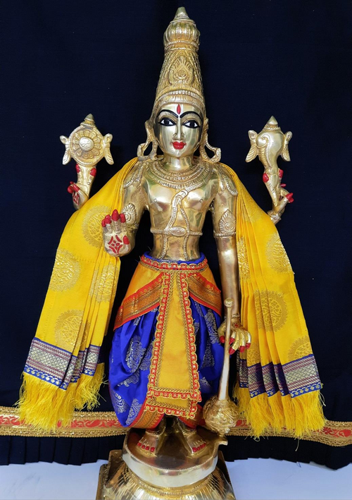 Dasavataram inspired inspired Deity dhoti and patka shalya / Uparna vastra made of Tapeta Silk (Not Pure Silk) - Royal Blue Dhoti with Yellow Pleats and Yellow Shalya