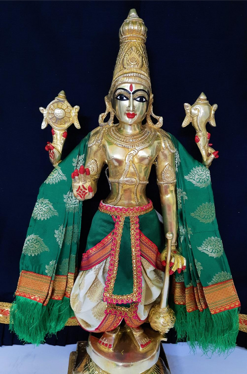 Dasavataram inspired inspired Deity dhoti and patka shalya / Uparna vastra made of Tapeta Silk (Not Pure Silk) - White Dhoti with Green Pleats and Green Shalya
