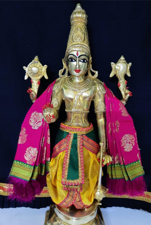 Dasavataram inspired inspired Deity dhoti and patka shalya / Uparna vastra made of Tapeta Silk (Not Pure Silk) - Yellow Dhoti with Dark Green Pleats and Pink Shalya