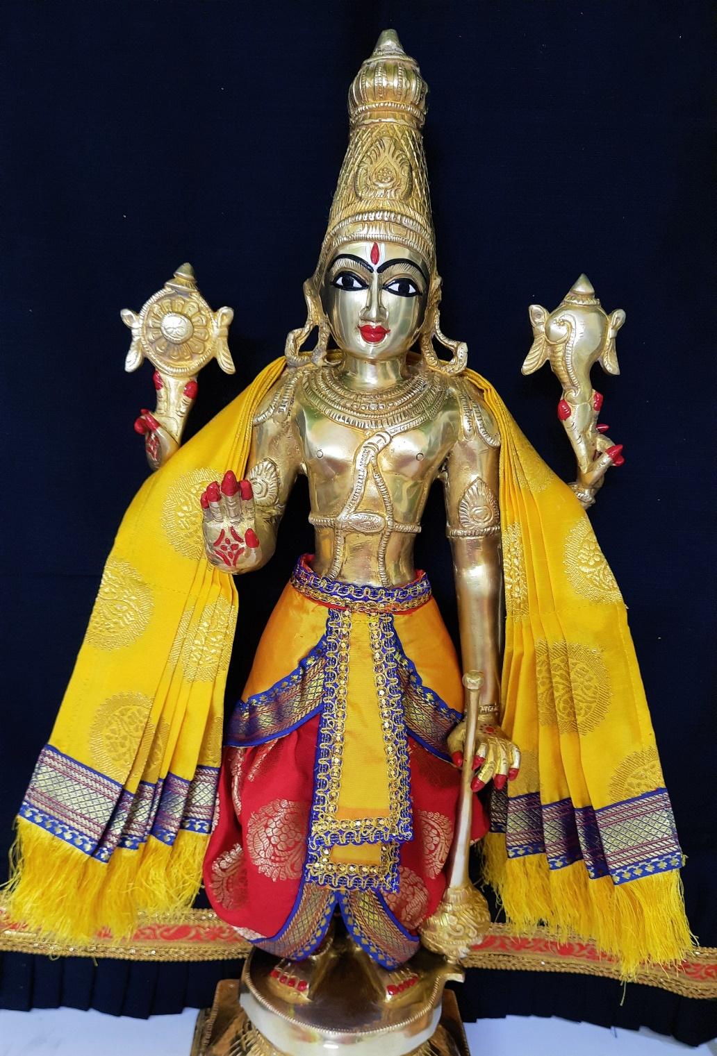 Dasavataram inspired inspired Deity dhoti and patka shalya / Uparna vastra made of Tapeta Silk (Not Pure Silk) - Red Dhoti with Yellow Pleats and Yellow Shalya 1