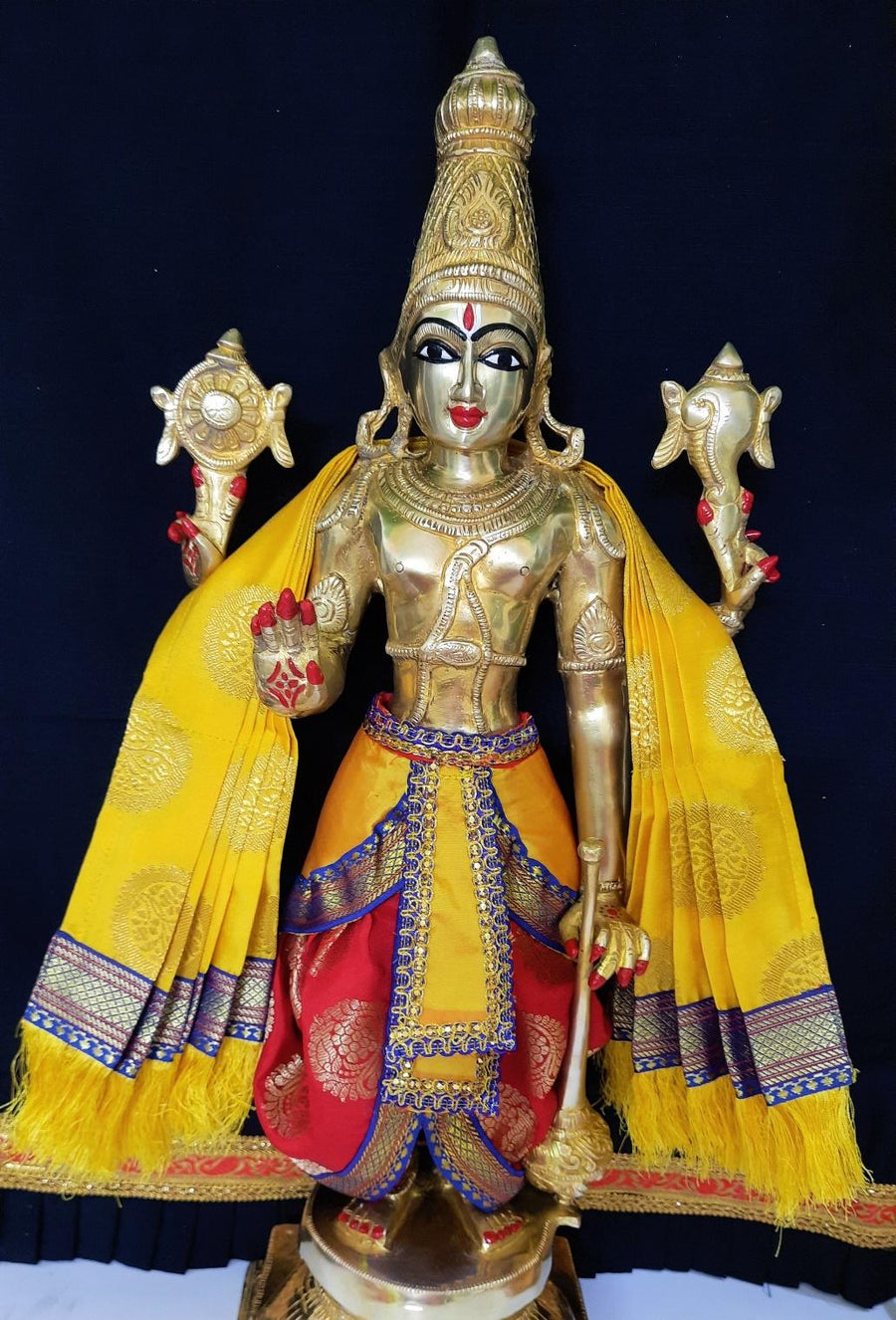 Dasavataram inspired inspired Deity dhoti and patka shalya / Uparna vastra made of Tapeta Silk (Not Pure Silk) - Red Dhoti with Yellow Pleats and Yellow Shalya
