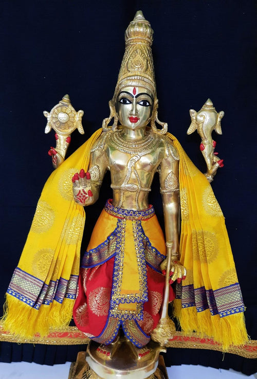 Dasavataram inspired inspired Deity dhoti and patka shalya / Uparna vastra made of Tapeta Silk (Not Pure Silk) - Red Dhoti with Yellow Pleats and Yellow Shalya
