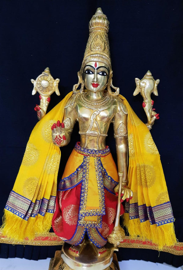 Dasavataram inspired inspired Deity dhoti and patka shalya / Uparna vastra made of Tapeta Silk (Not Pure Silk) - Red Dhoti with Yellow Pleats and Yellow Shalya