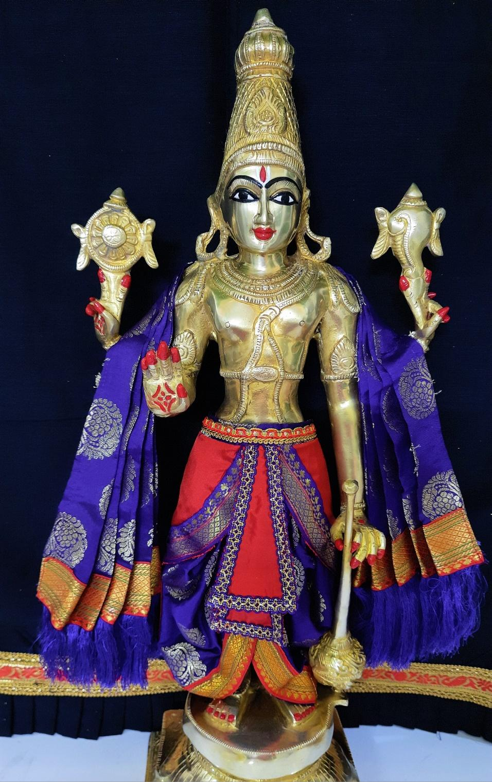 Dasavataram inspired inspired Deity dhoti and patka shalya / Uparna vastra made of Tapeta Silk (Not Pure Silk) - Indigo Blue Dhoti with Red Pleats and Indigo Blue Shalya 1