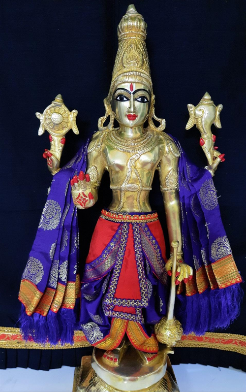 Dasavataram inspired inspired Deity dhoti and patka shalya / Uparna vastra made of Tapeta Silk (Not Pure Silk) - Indigo Blue Dhoti with Red Pleats and Indigo Blue Shalya
