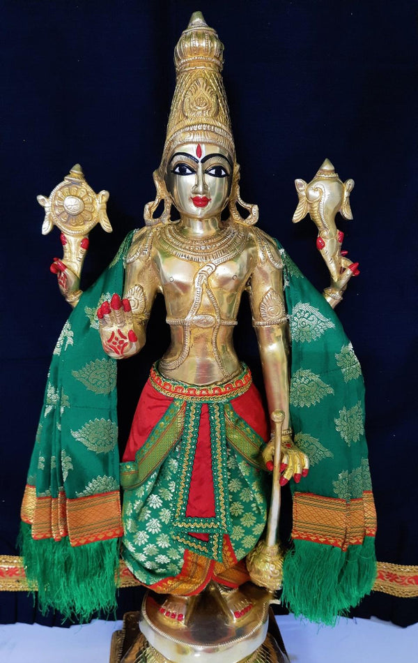 Dasavataram inspired inspired Deity dhoti and patka shalya / Uparna vastra made of Tapeta Silk (Not Pure Silk) - Green Dhoti with Red Pleats and Green Shalya