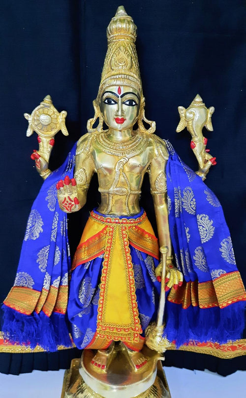 Dasavataram inspired inspired Deity dhoti and patka shalya / Uparna vastra made of Tapeta Silk (Not Pure Silk) - Royal Blue Dhoti with Yellow Pleats and Royal Blue Shalya